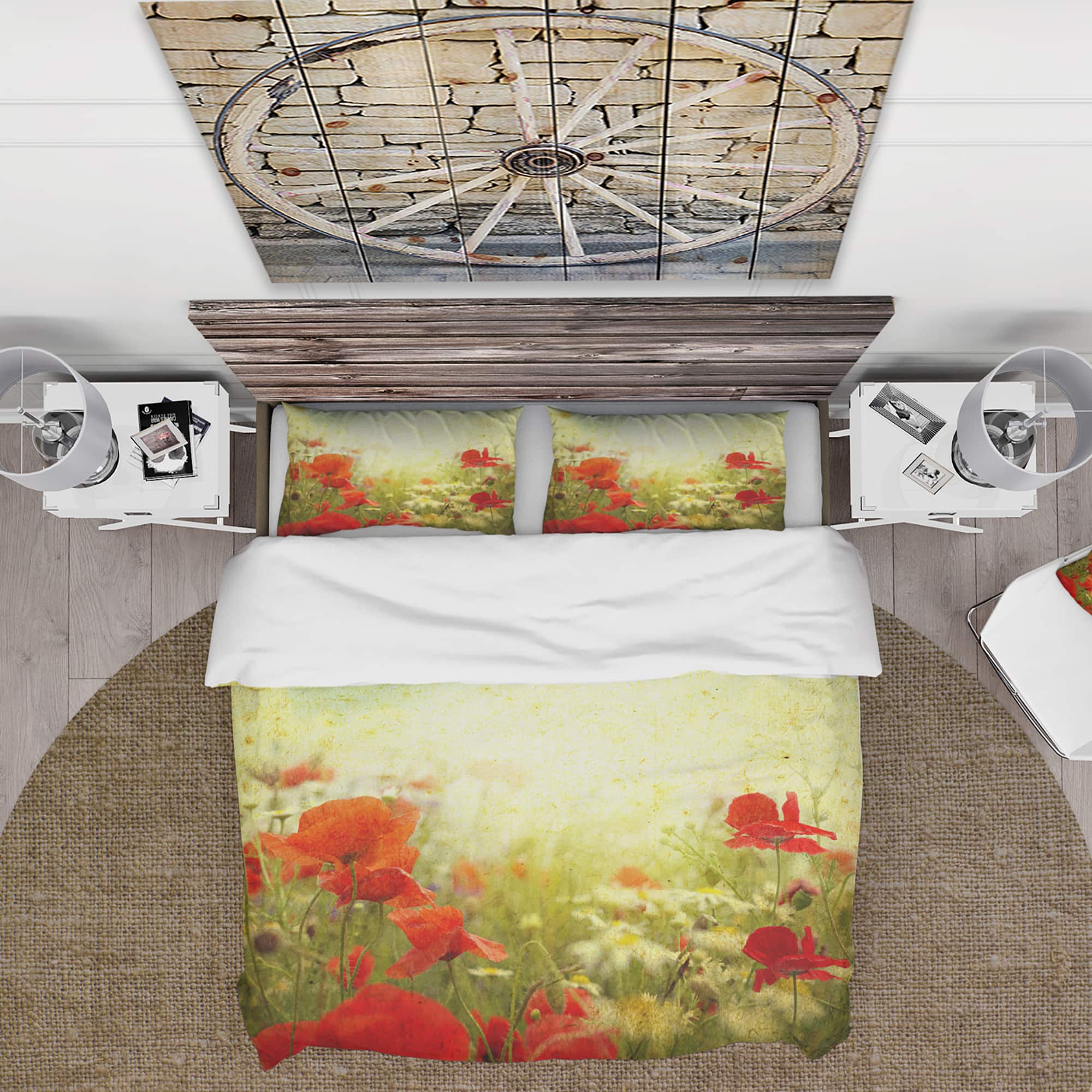 Designart &#x27;Grunge Background with Red Poppies&#x27; Country Bedding Set - Duvet Cover &#x26; Shams