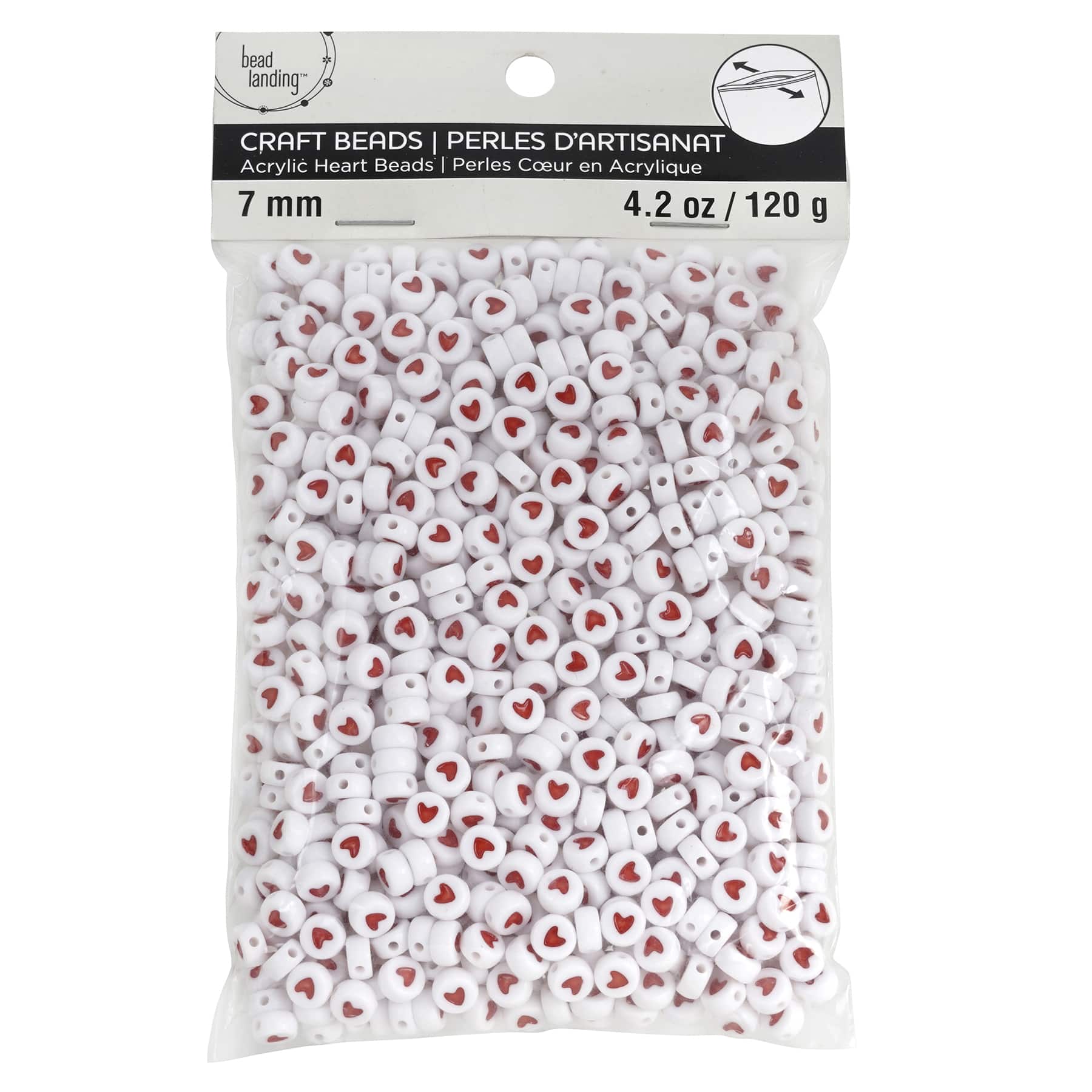 BULK 100 White Acrylic With Red Heart Beads, 7mm Round, Bead