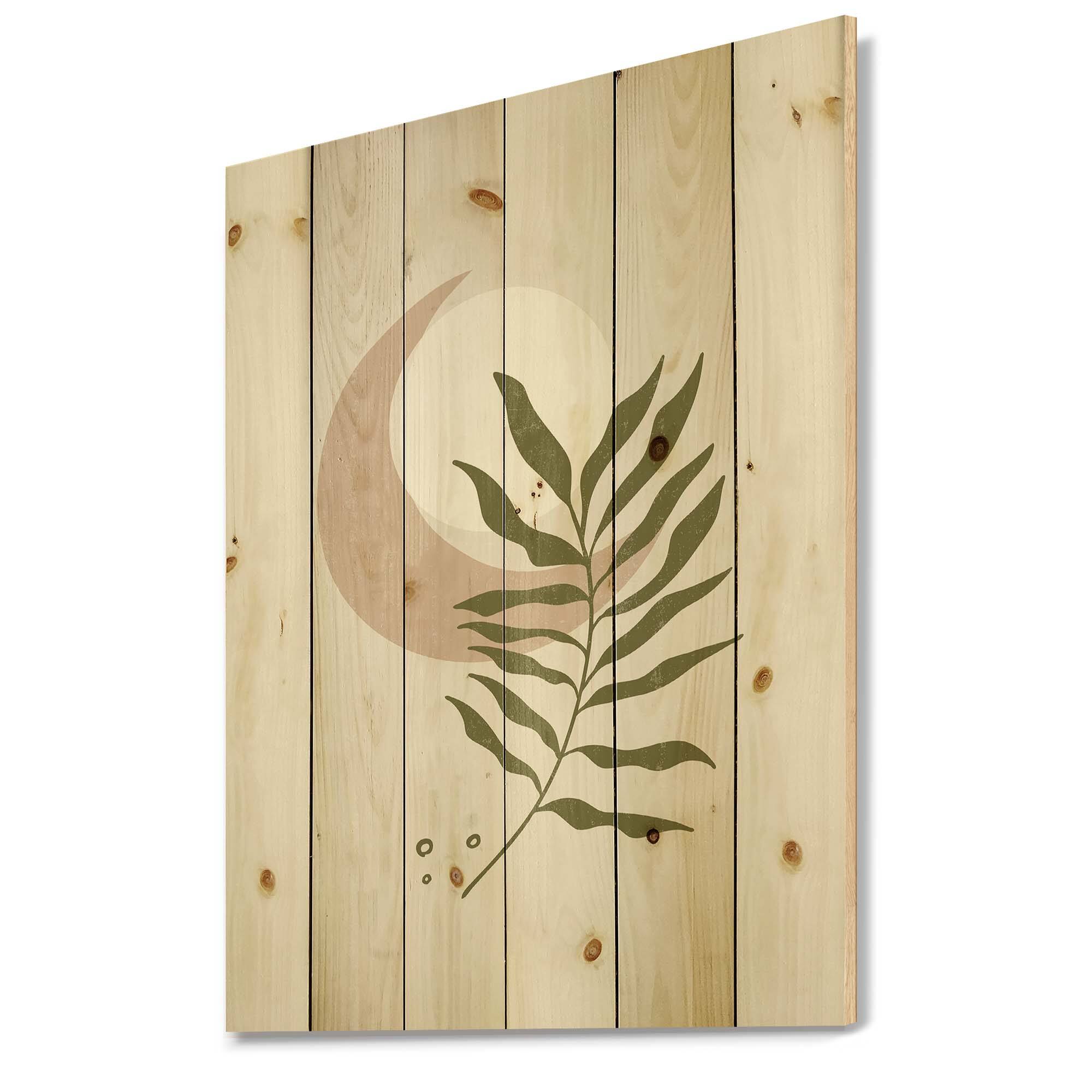 Designart - Abstract Geometrical Moon With Leaf II - Modern Print on Natural Pine Wood