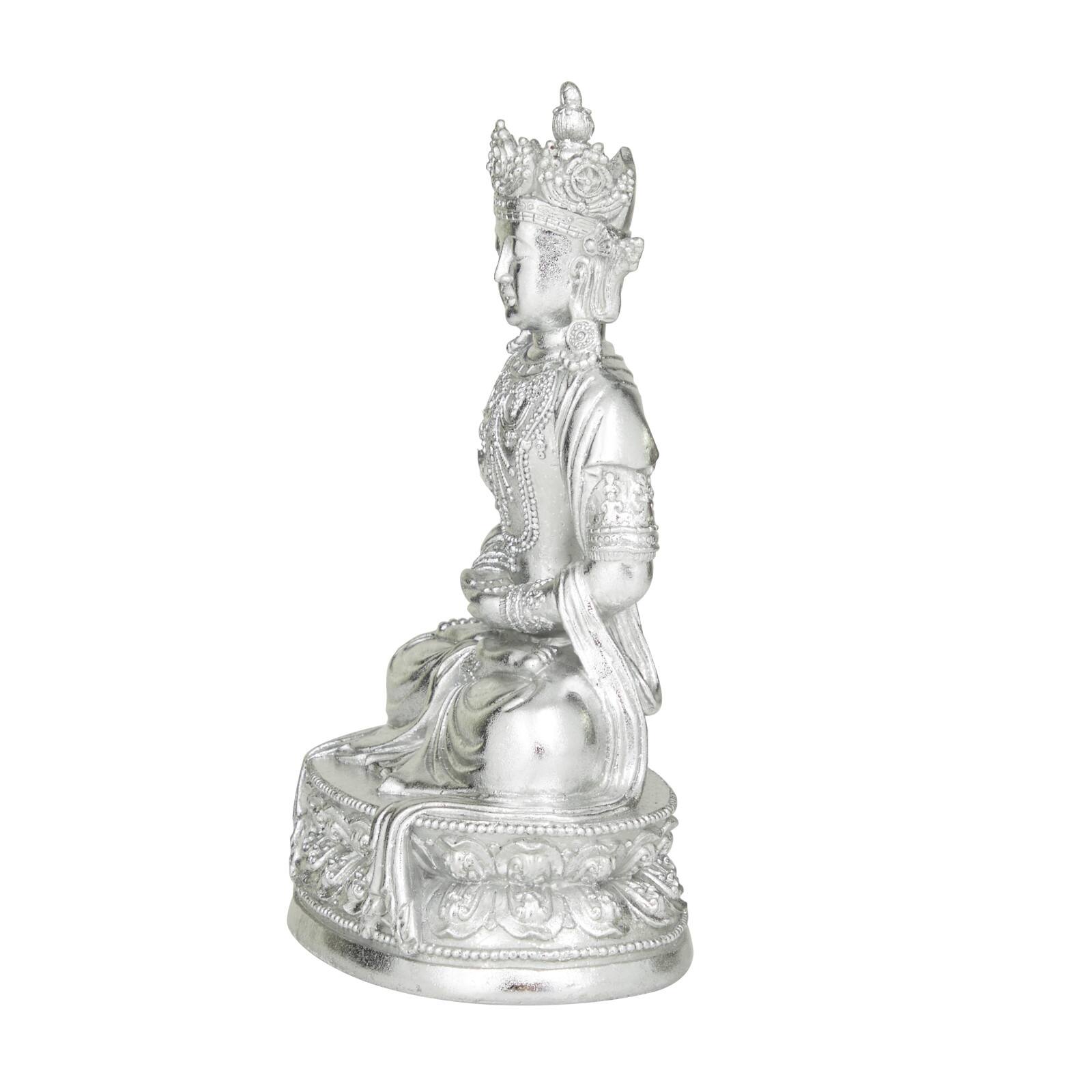 Silver Resin Bohemian Buddha Sculpture, 12" x 8" x 5"