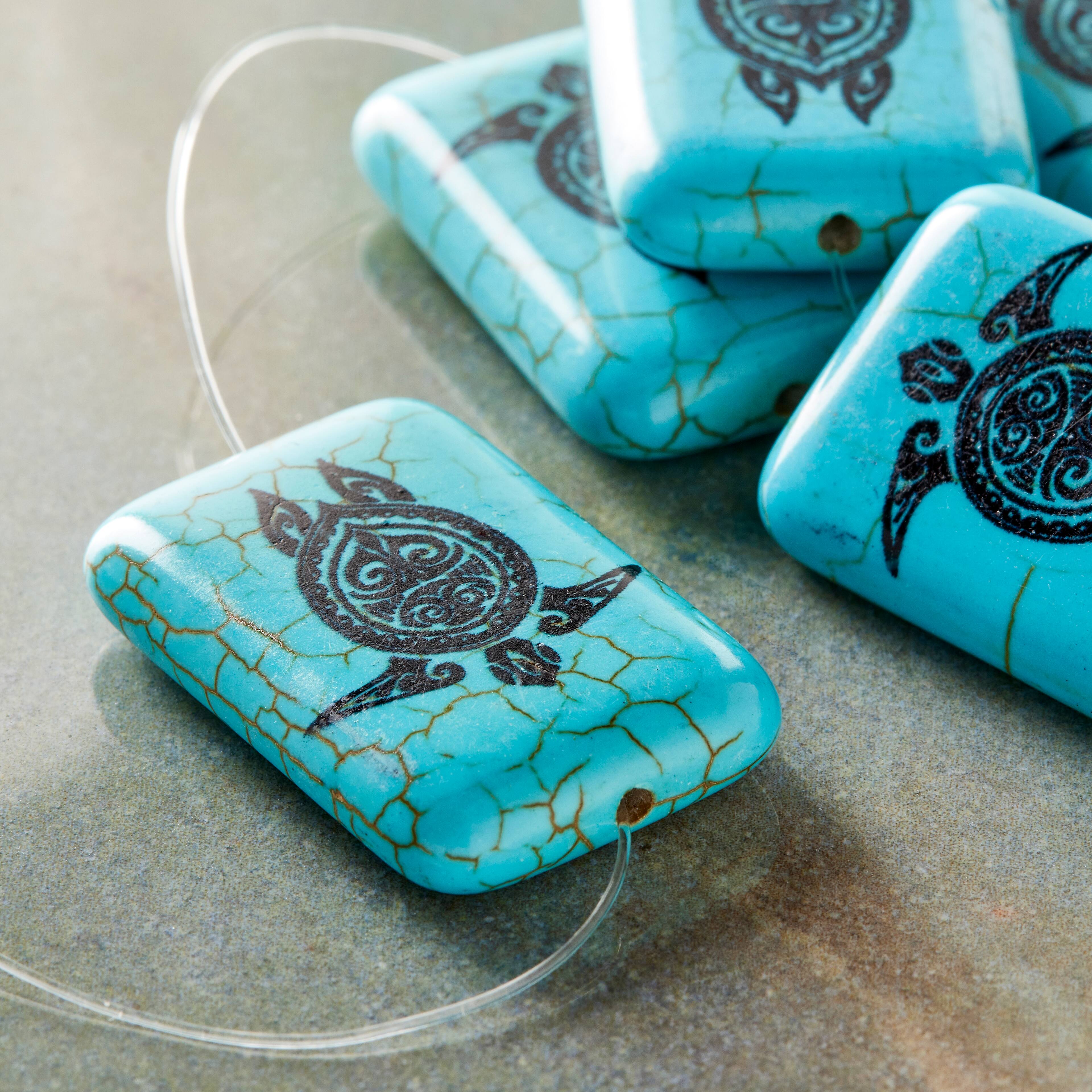 12 Pack: Turquoise Reconstituted Stone Turtle Print Rectangle Beads, 30mm by Bead Landing™