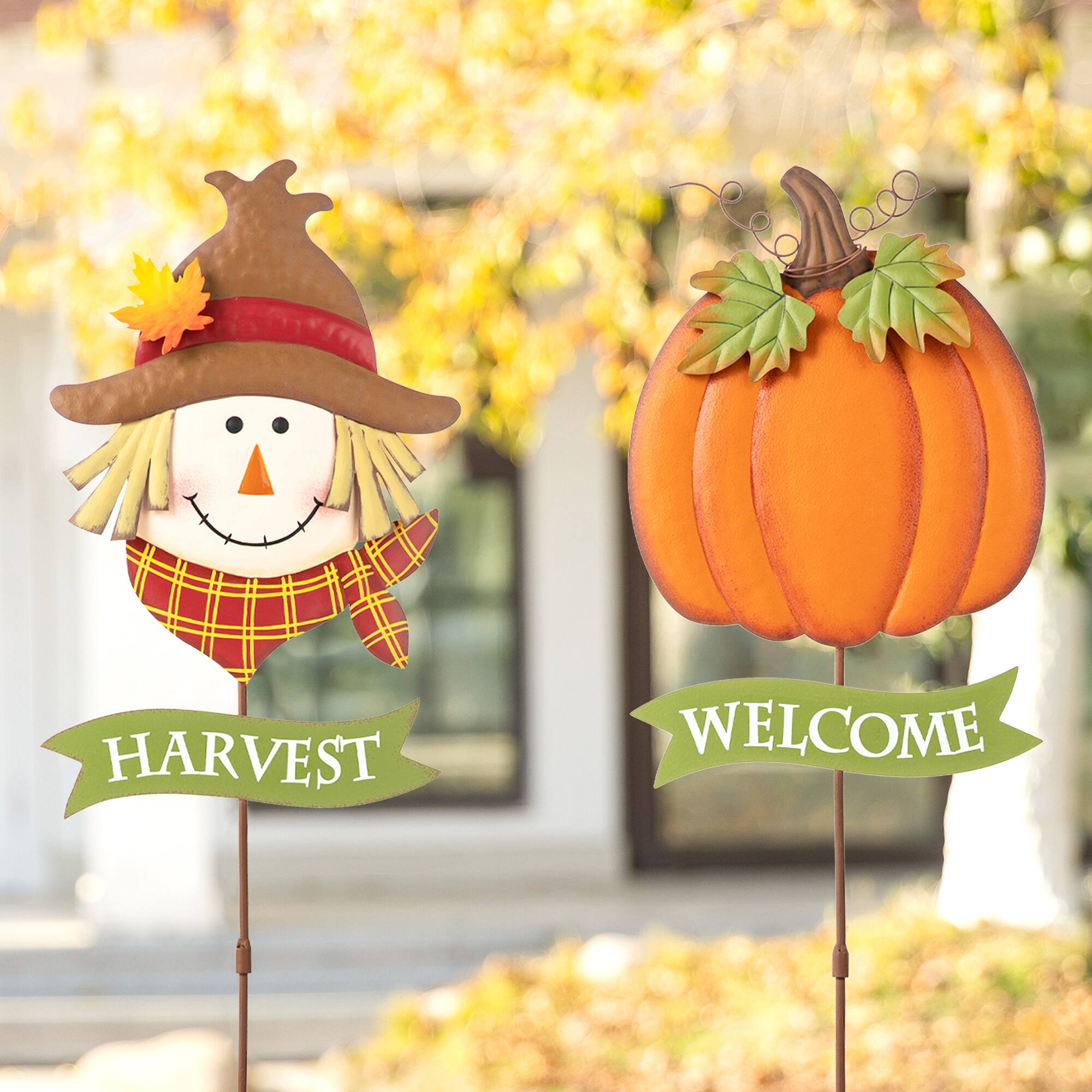 Glitzhome® 3ft. Fall Metal Scarecrow & Pumpkin Yard Stake, 2ct.