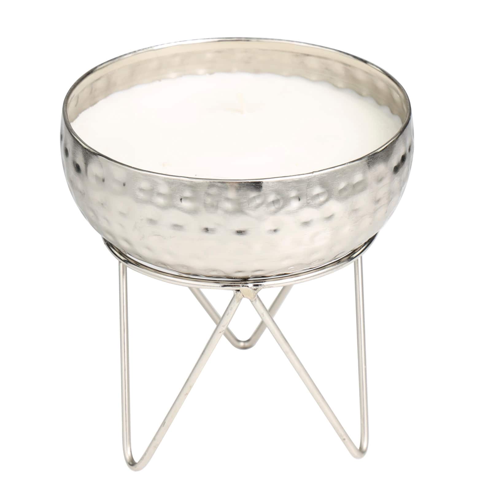 White Wax Campfire Scented Candle with Hammered Silver Container and Tripod Stand