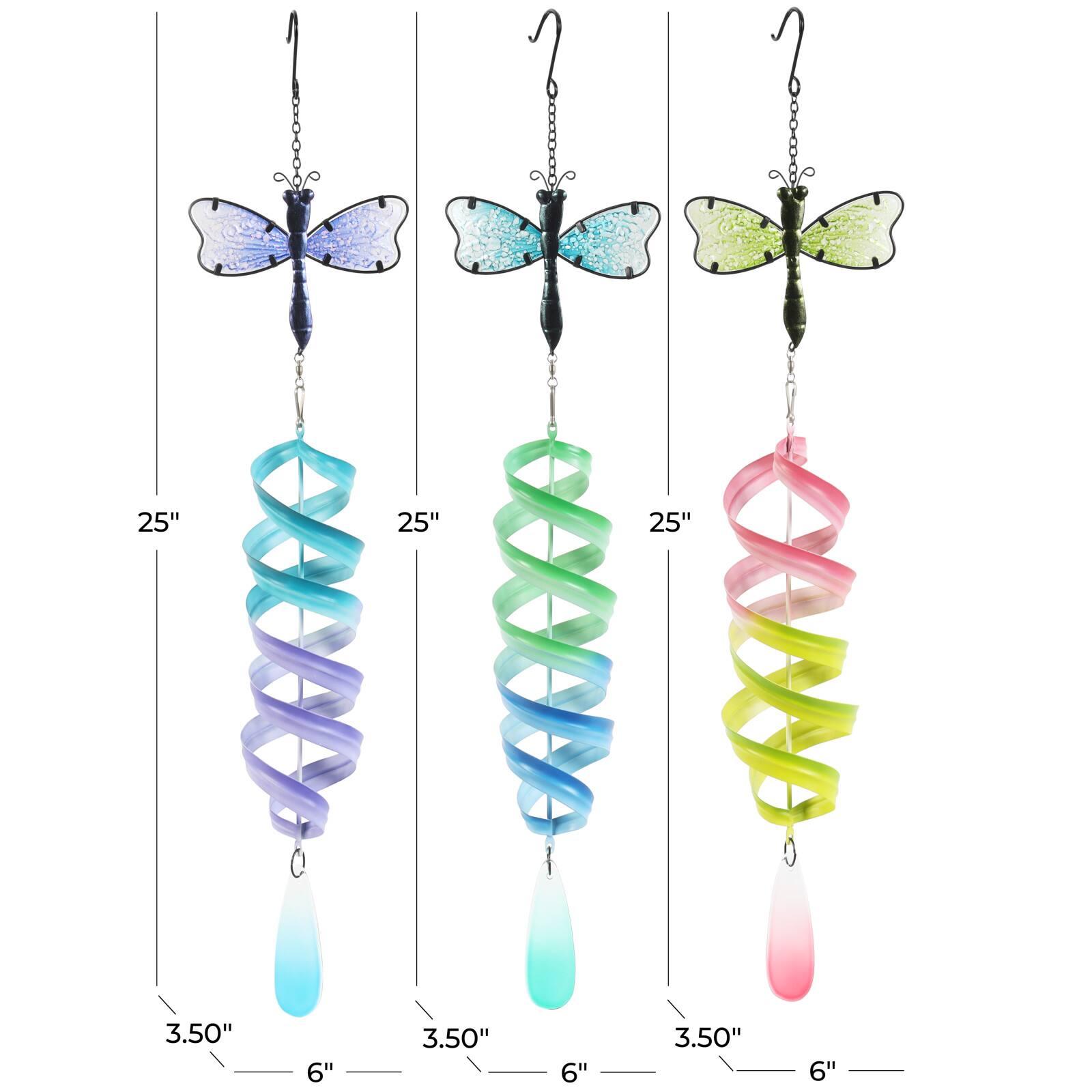 25" Multicolor Dragonfly Swirl Metal Wind Spinner Windchime Set