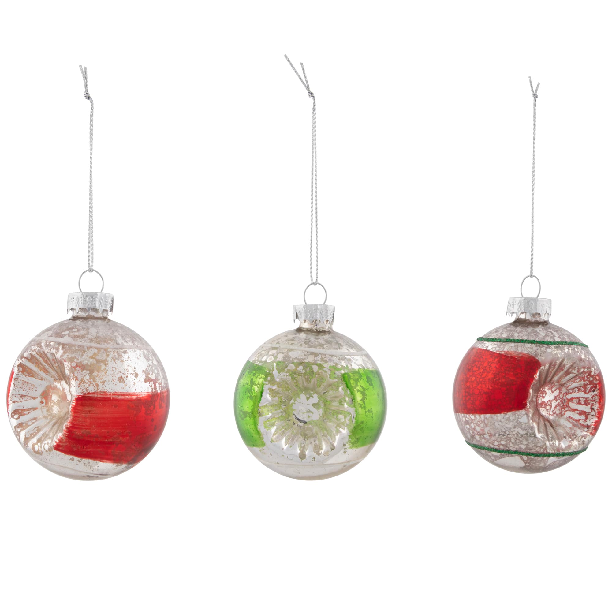 9ct. 3.25&#x22; 2-Finish Silver, Red &#x26; Green Glass Ornaments