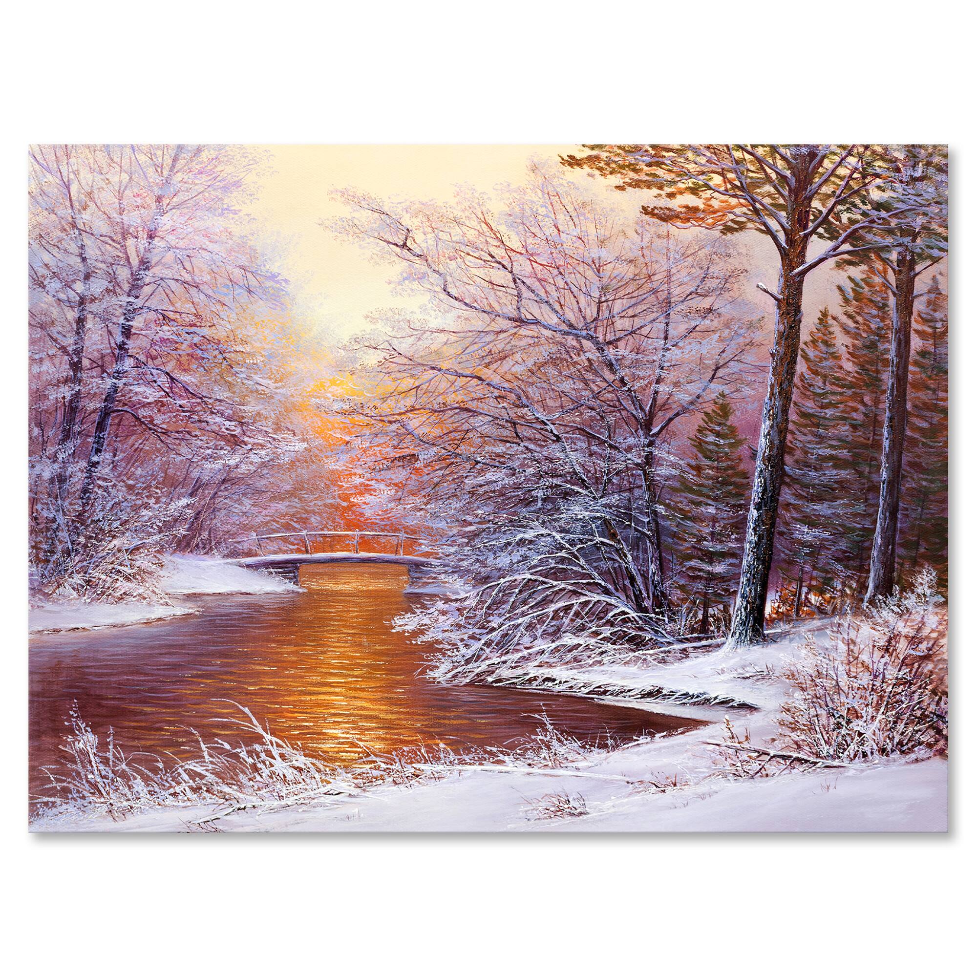 Designart - Christmas Forest With River and Trees II - Traditional Canvas Wall Art Print