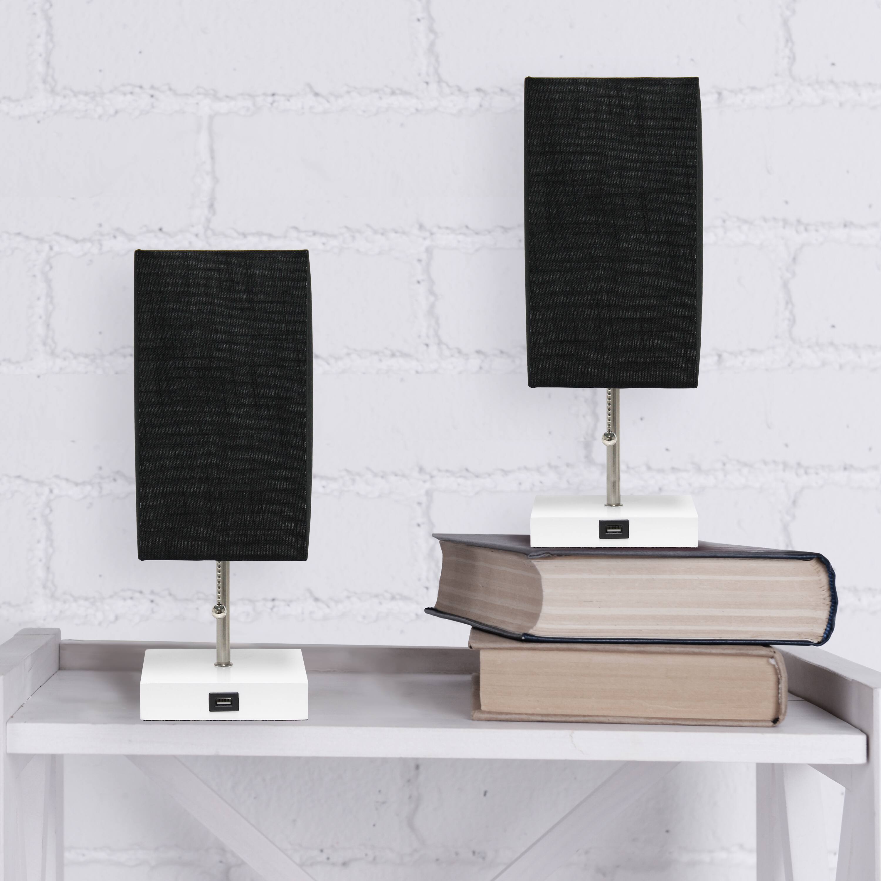 Simple Designs 14.5&#x22; Rectangle Shade White Base Lamp with USB Charging Port