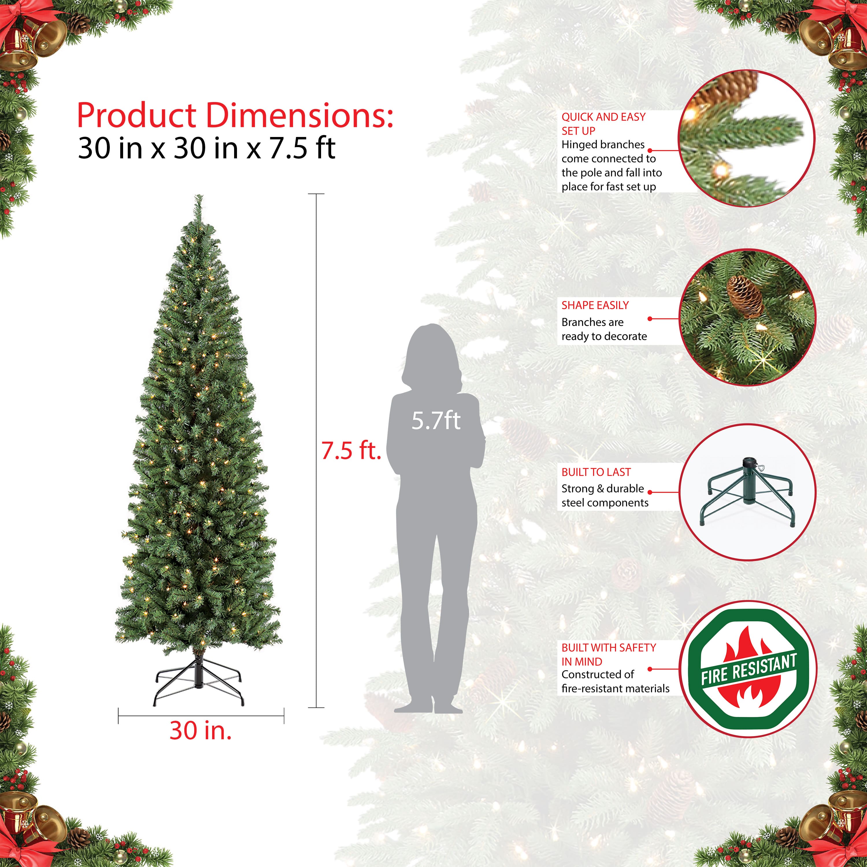 7.5ft Pre-Lit Northern Fir Pencil Artificial Christmas Tree, Clear Lights