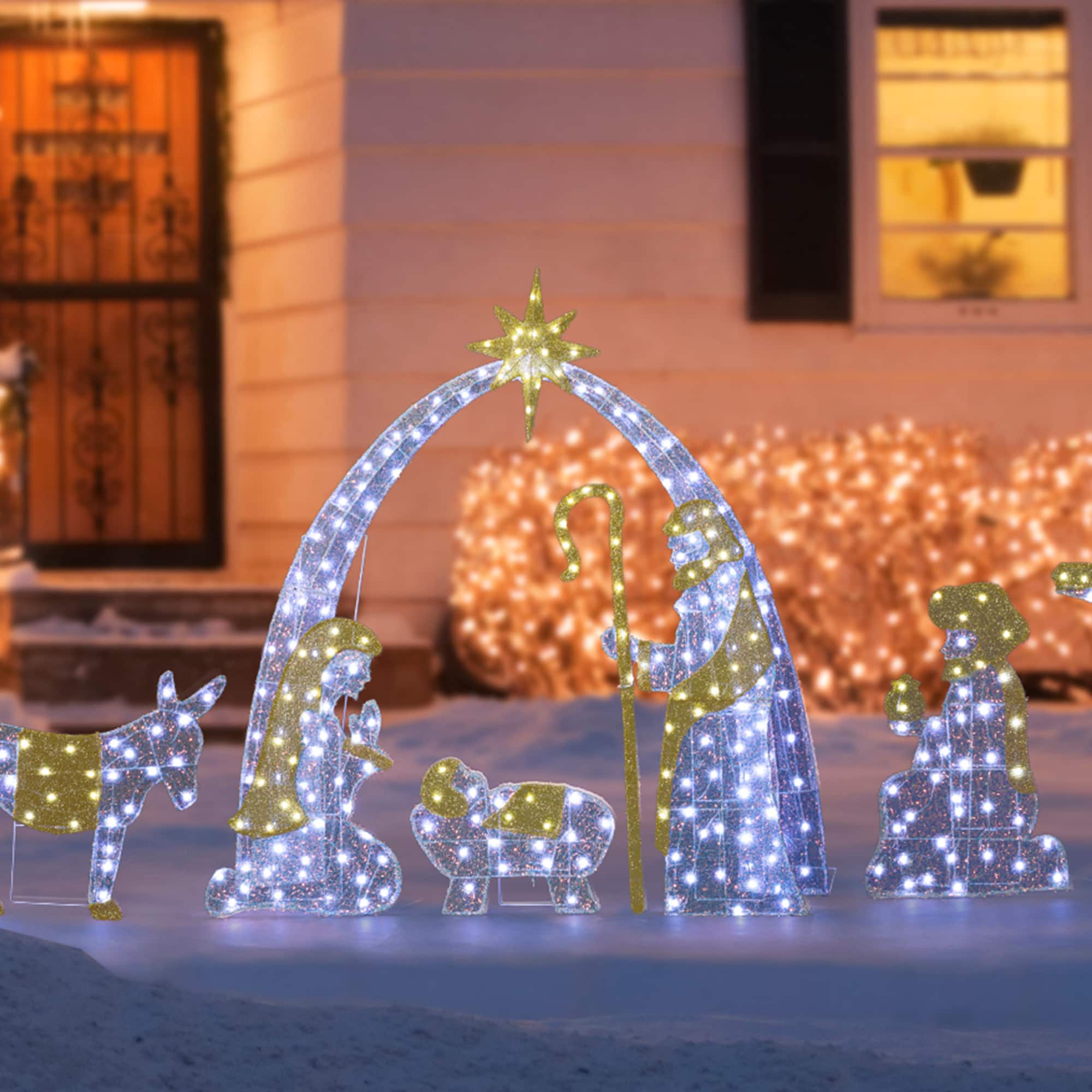 Glitzhome&#xAE; 55&#x22;H Lighted Christmas 2D Iridescent Fabric Nativity Scene Outdoor Decor Set