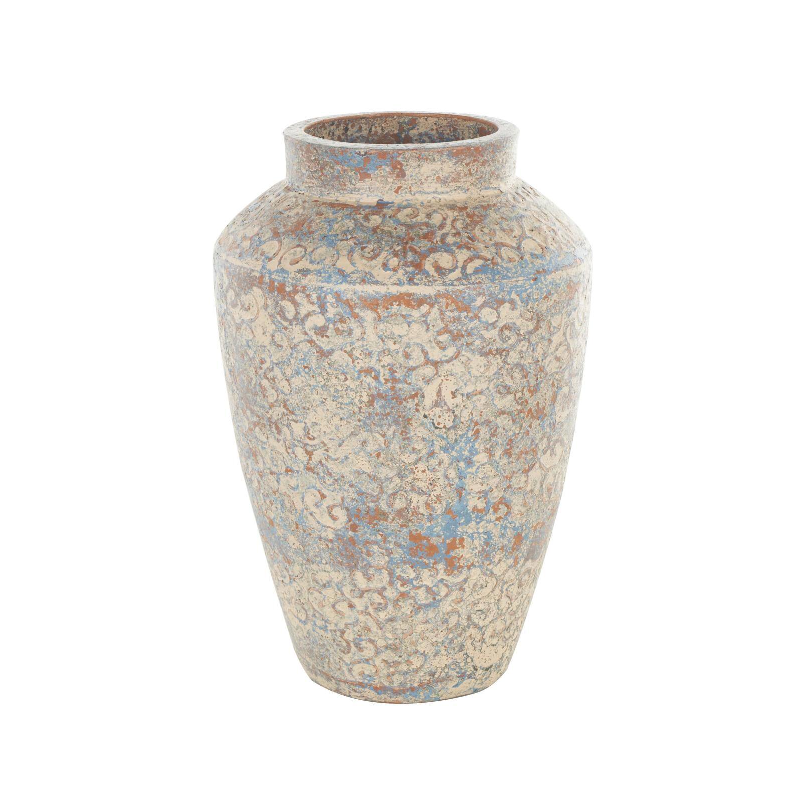 Beige, Blue & Copper Antique Ceramic Scroll Handmade Decorative Vase