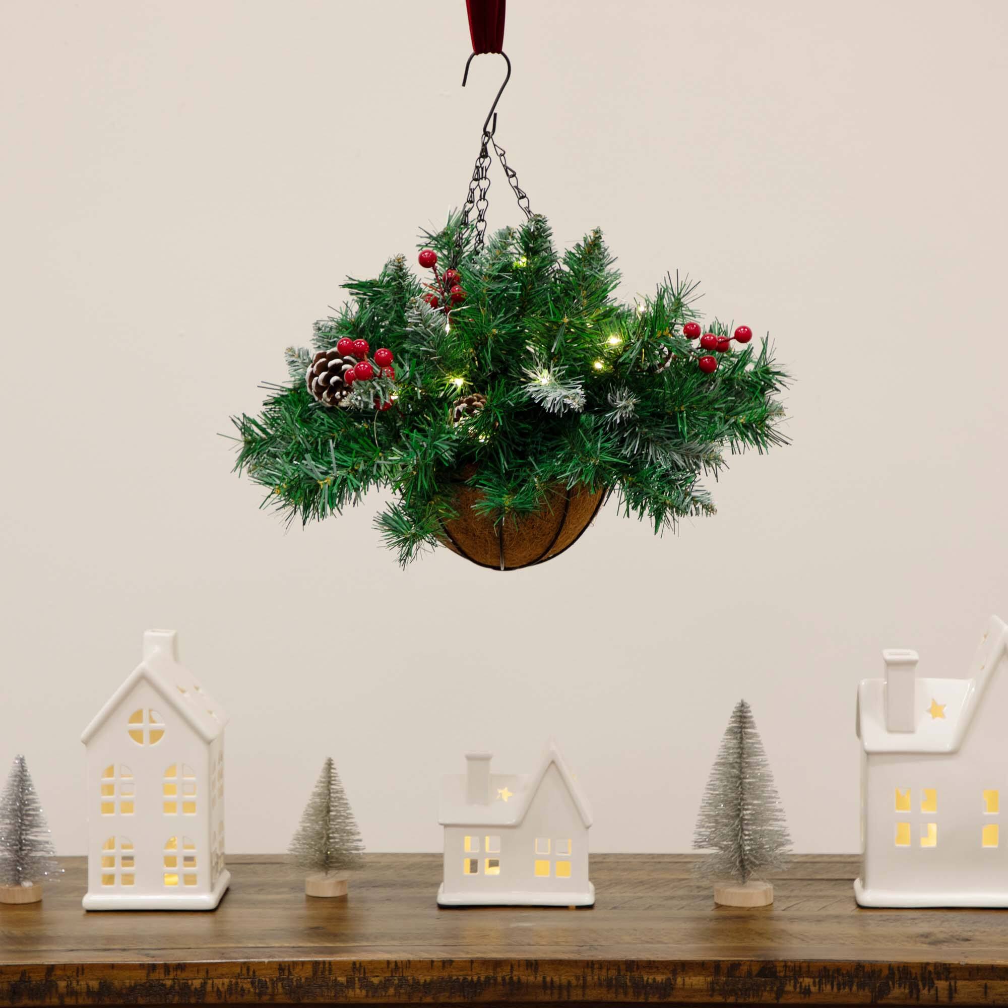 16&#x22; Artificial Pine &#x26; Berry Warm White LED Pre-Lit Hanging Basket