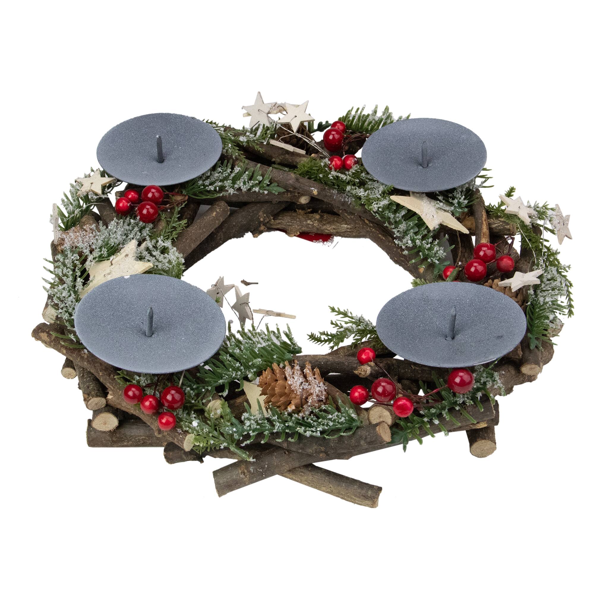 12" Pinecones & Berries with Stars Christmas Votive Candle Holder