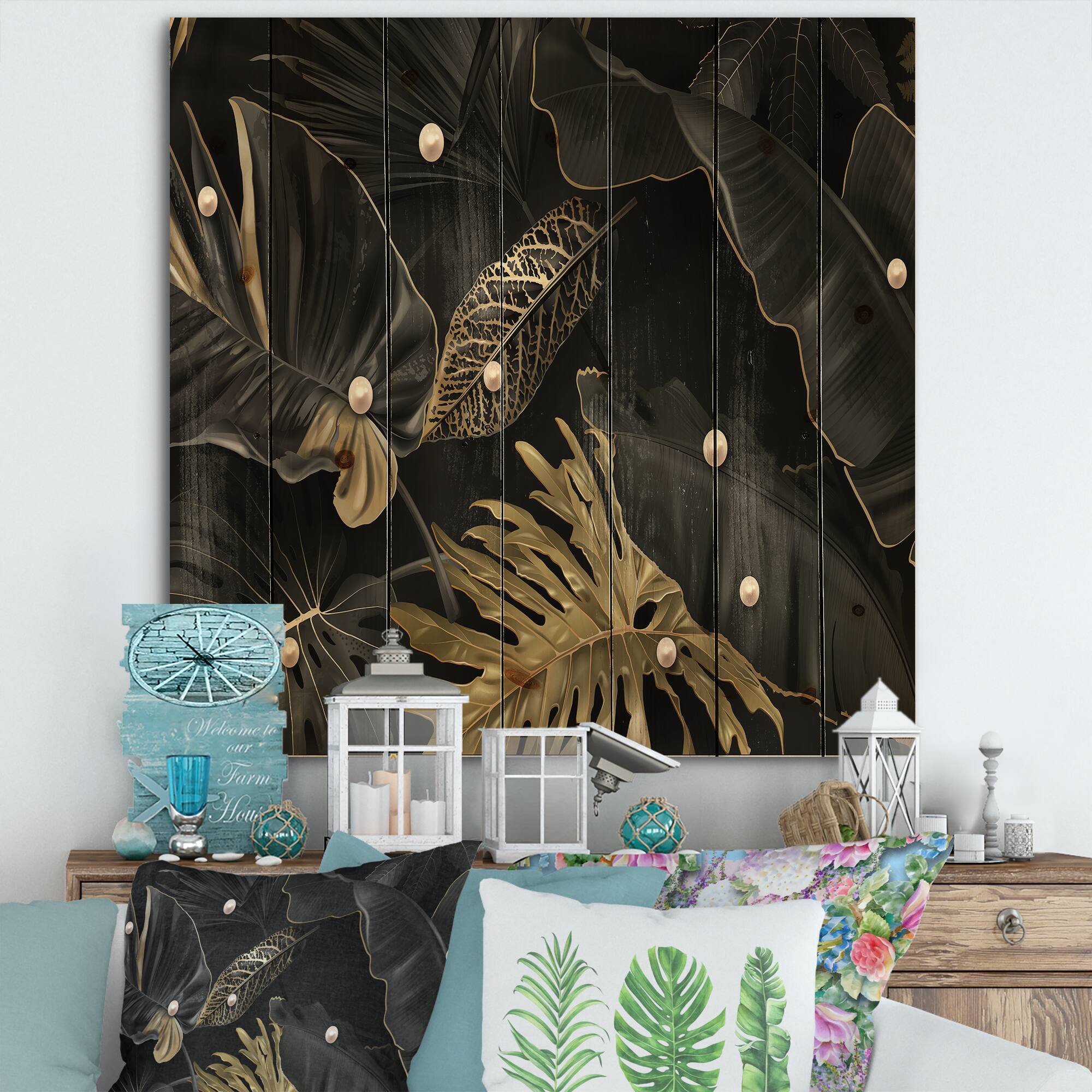 Designart - Black and Gold Tropical Leaves III - Modern Print on Natural Pine Wood