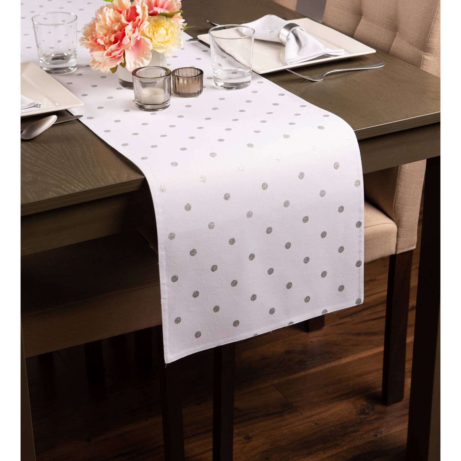 Metallic White/Silver Reversible Polka Dot Table Runner 13" x 90"