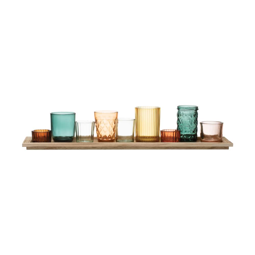 Glass Votive Candle Holders & Wood Tray Set