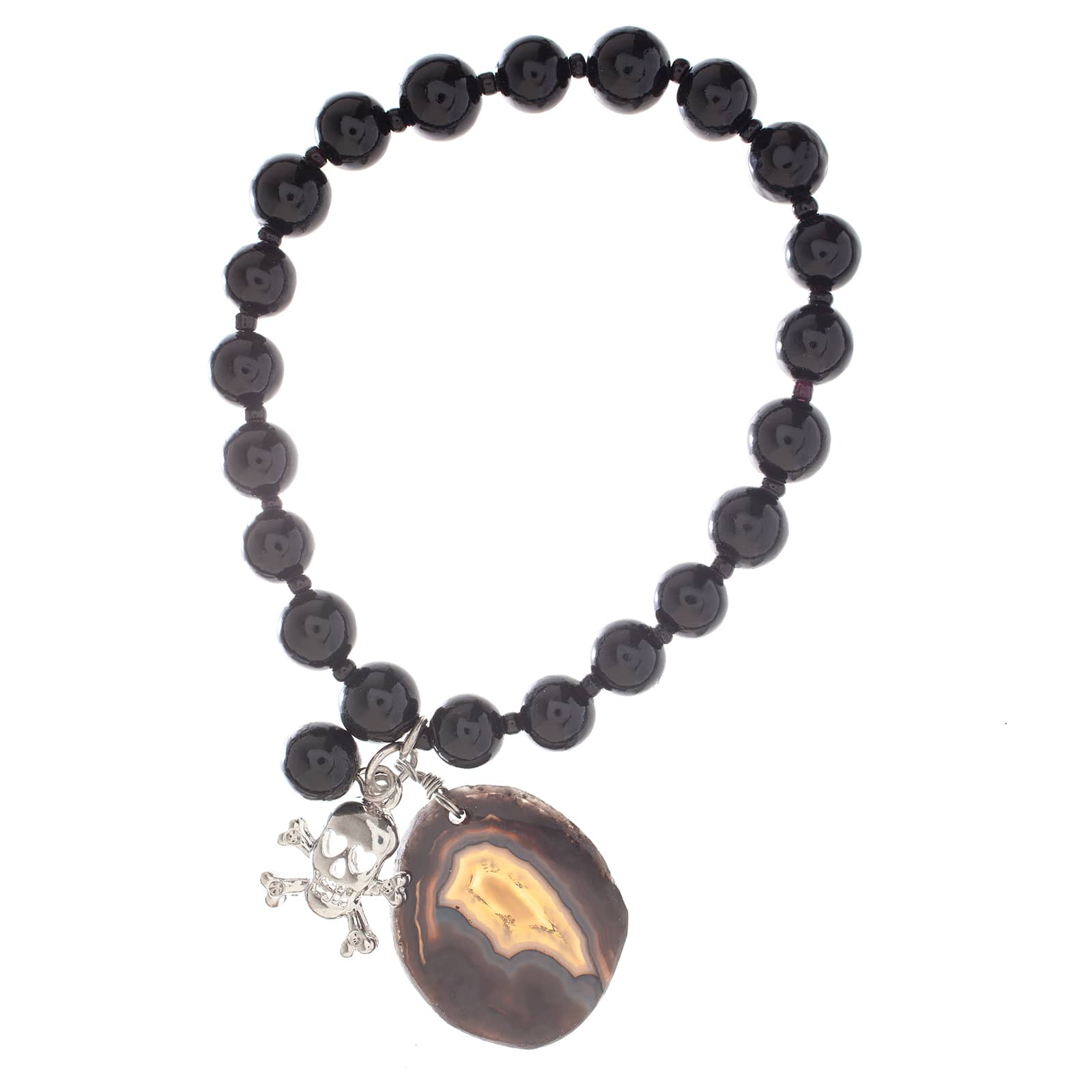 John Bead Onyx Black Natural Stone Bracelet with Agate & Skull Charm