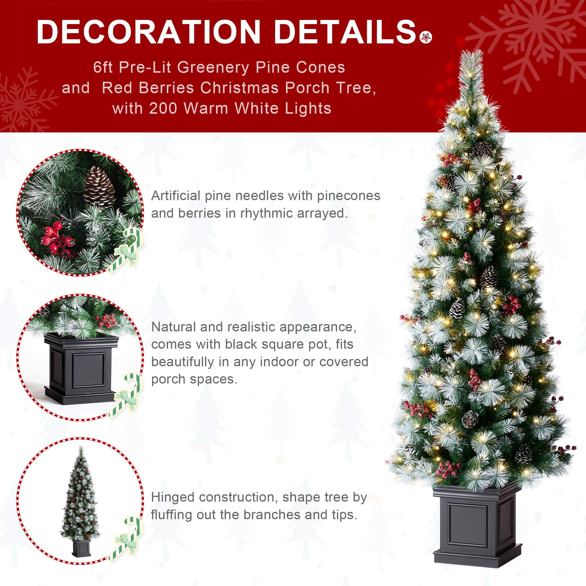 6ft. Pre-Lit Greenery Pinecones &#x26; Red Berries Artificial Christmas Porch Tree, Warm White LED Lights