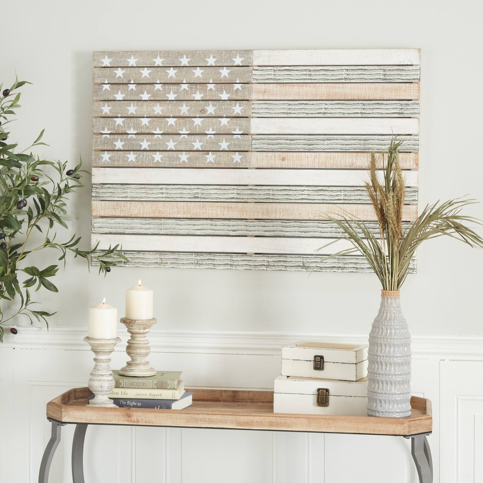 White Wood French Country American Flag Wall Decor, 26" x 38" x 2"