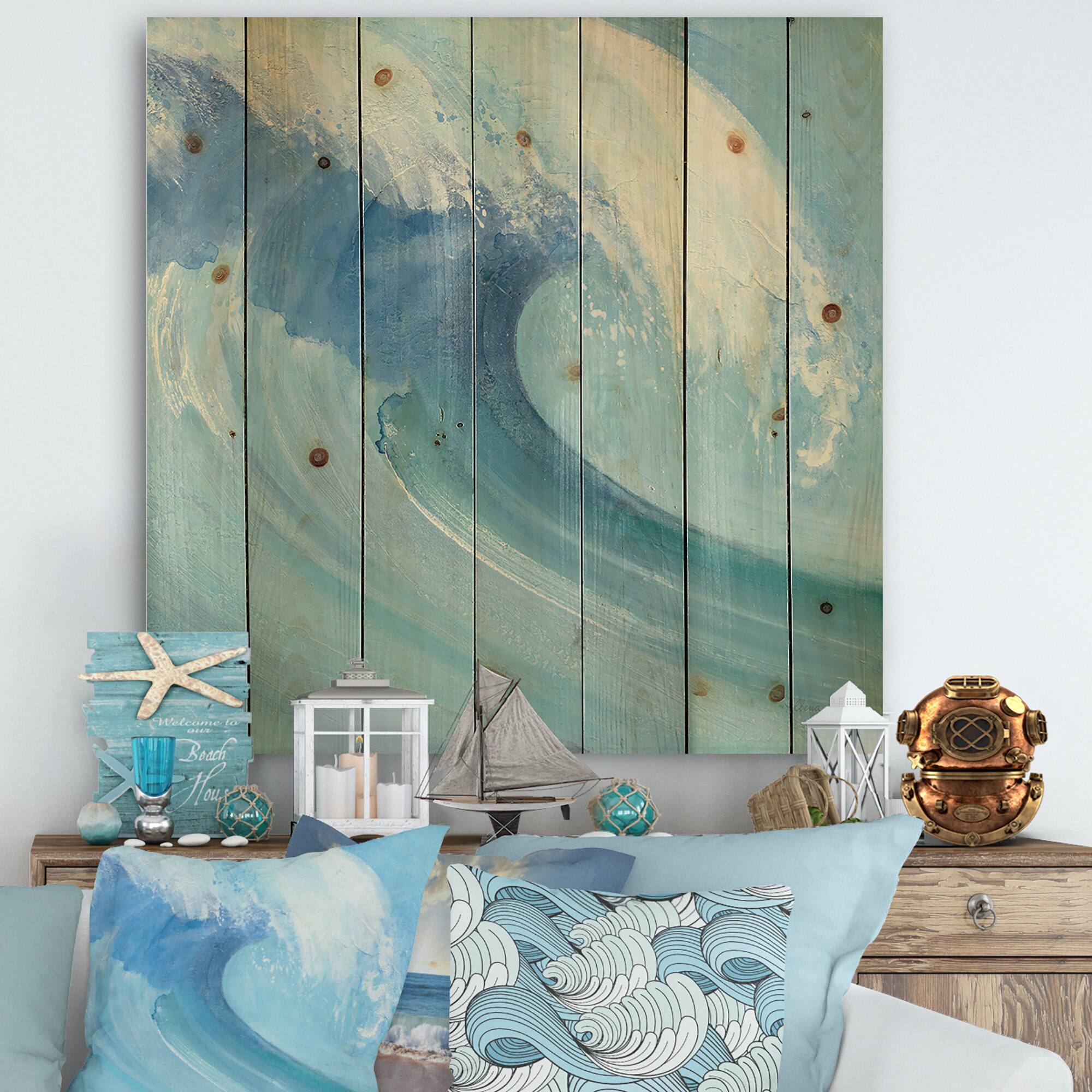 Designart - Ocean Wave Handpainted with White Foam - Nautical &#x26; Coastal Print on Natural Pine Wood