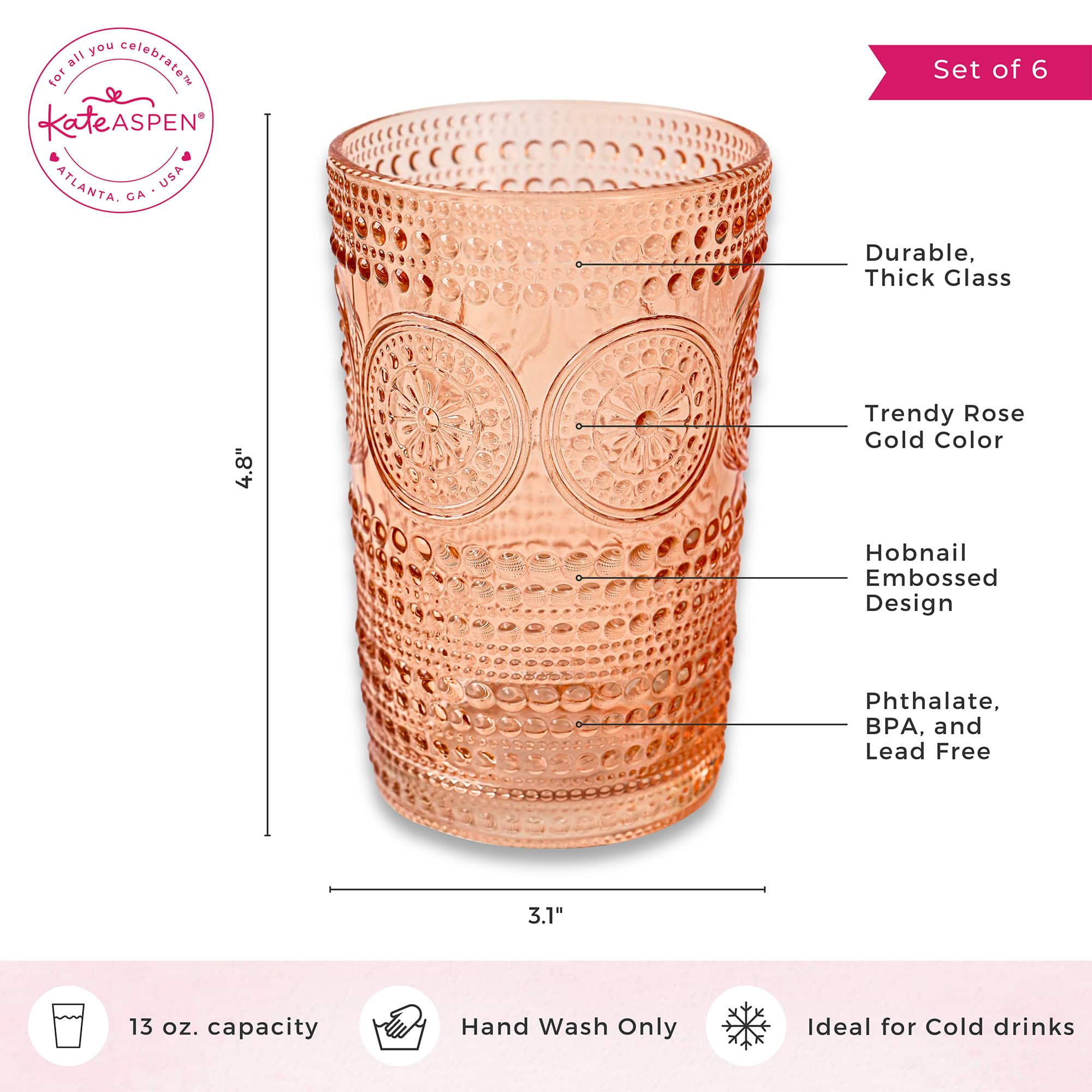 Kate Aspen&#xAE; 13oz. Beaded Floral Rose Gold Drinking Glasses, 6ct.