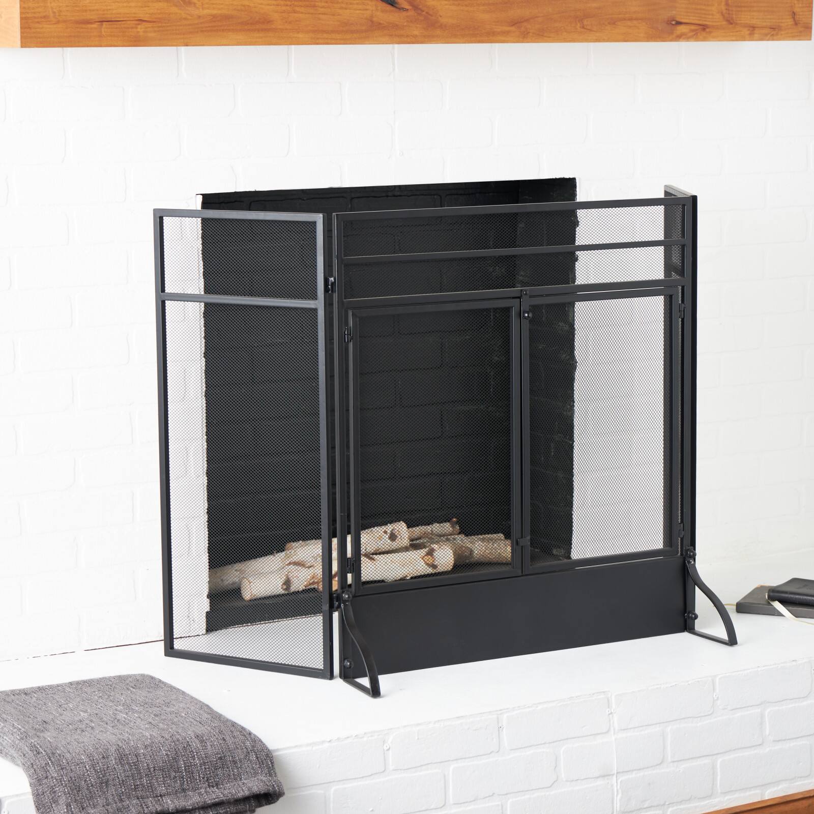 29&#x22; Tall Black Metal 3 Panel 2 Door Fireplace Screen with Mesh Backing