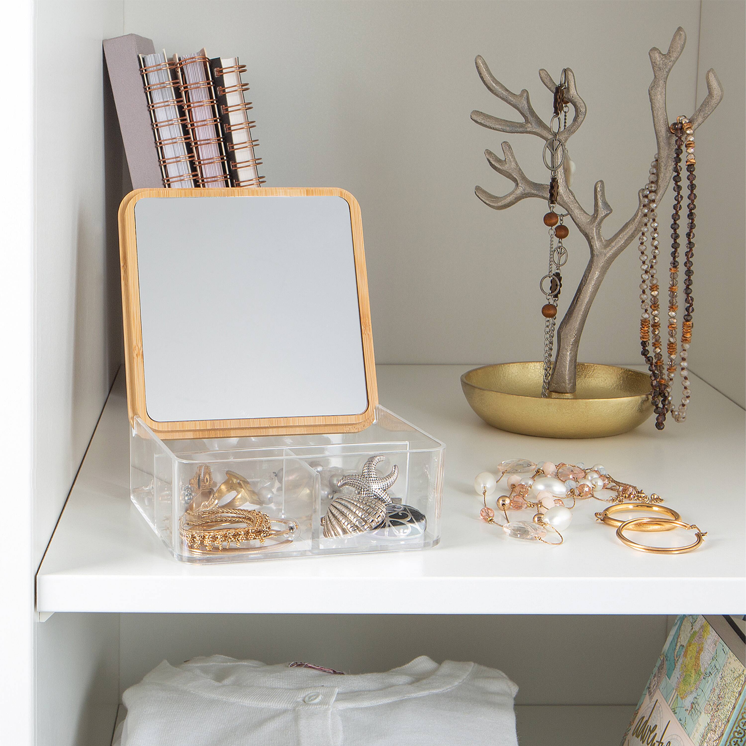 Simplify Bamboo Lid &#x26; Mirror Clear 3 Compartment Organizer