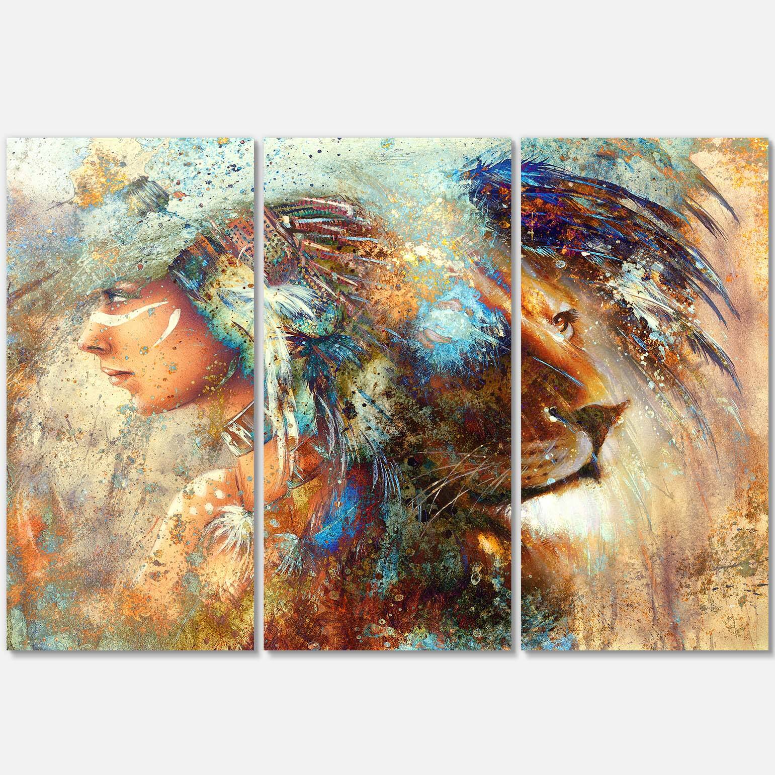 Designart - Indian Woman Collage with Lion - Indian Canvas Artwork