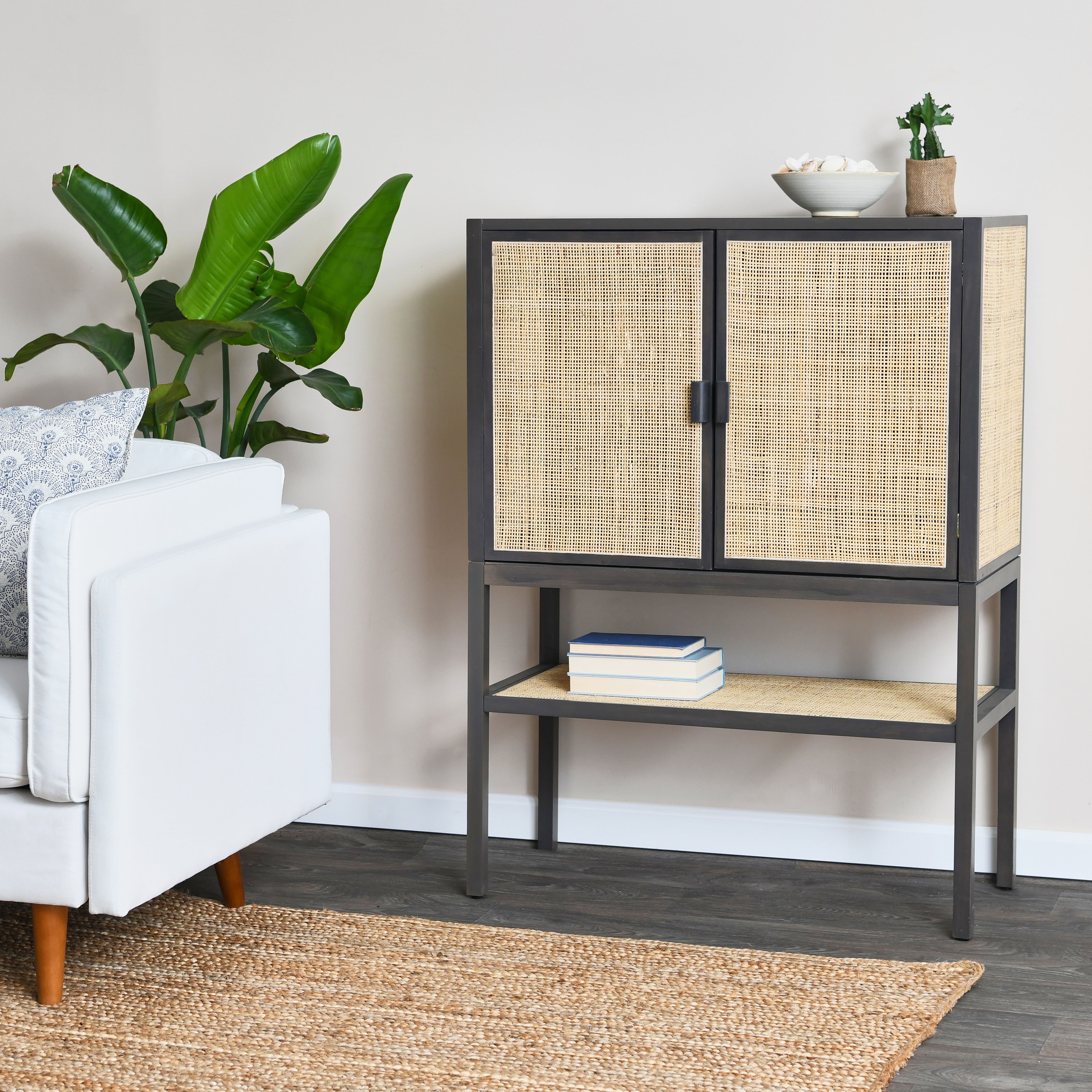 Hello Honey&#xAE; 47&#x22; Boho Woven Rattan and Wood Cabinet with Doors, Shelf, and Interior Storage Compartments