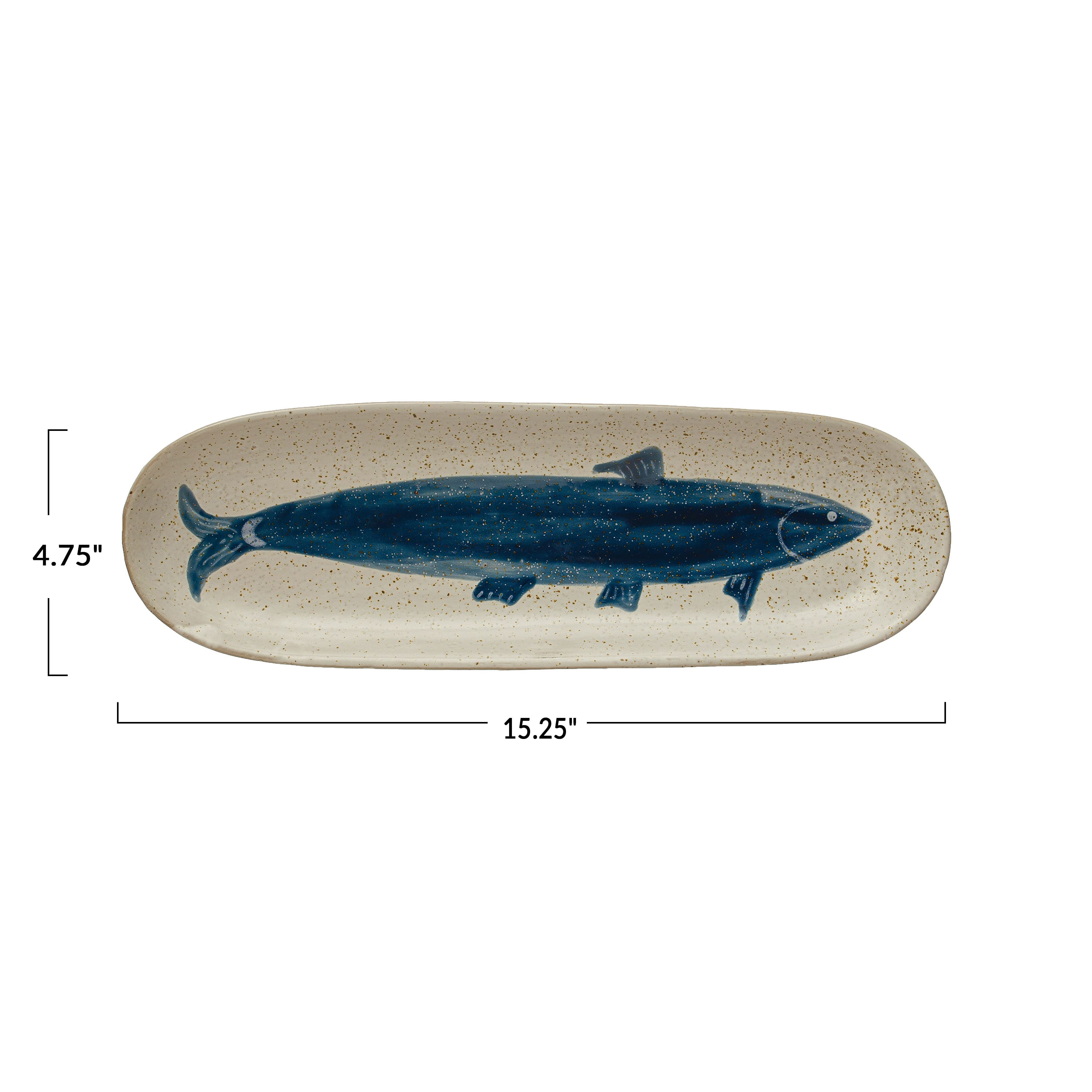 Hello Honey® 15.2" Antique White & Blue Hand Painted Fish Farmhouse Stoneware Platter