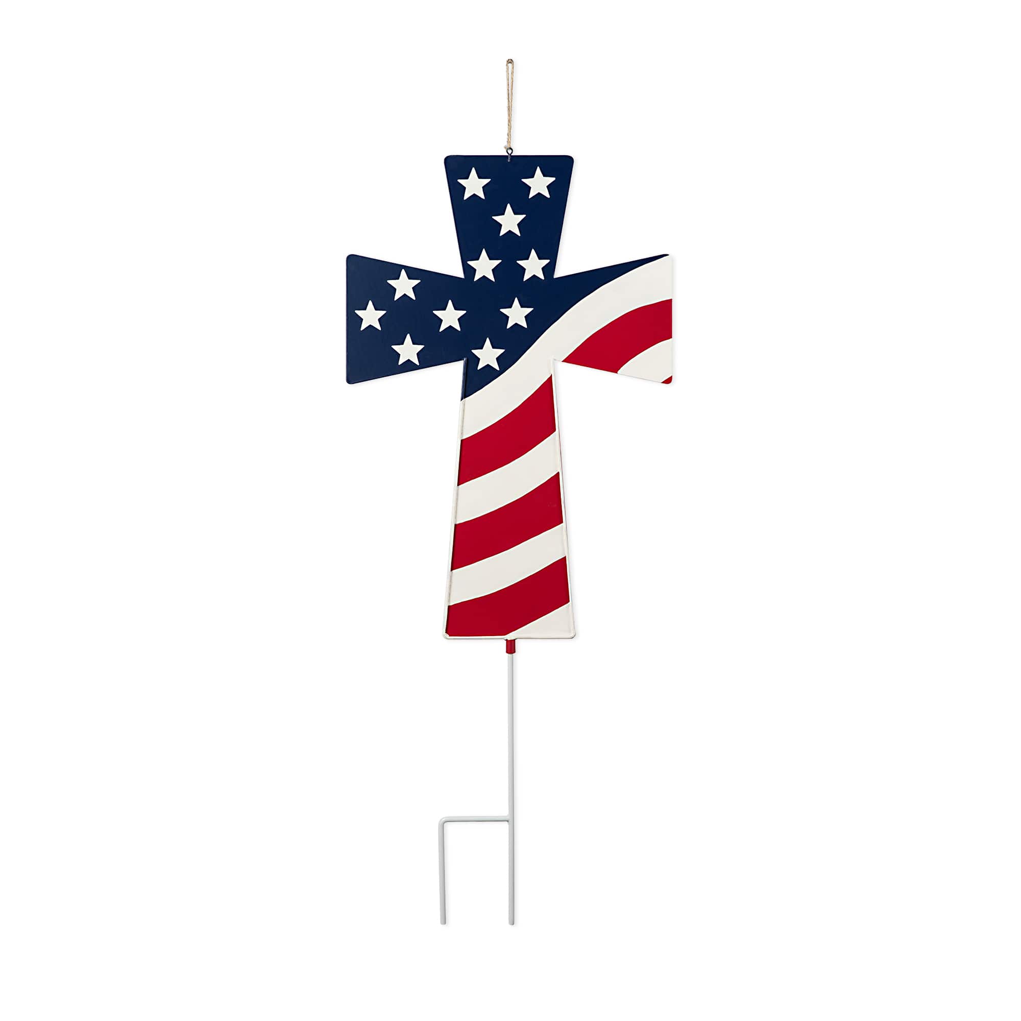 Glitzhome&#xAE; 32&#x22; Patriotic Americana Double-Sided Metal Cross Yard Stake