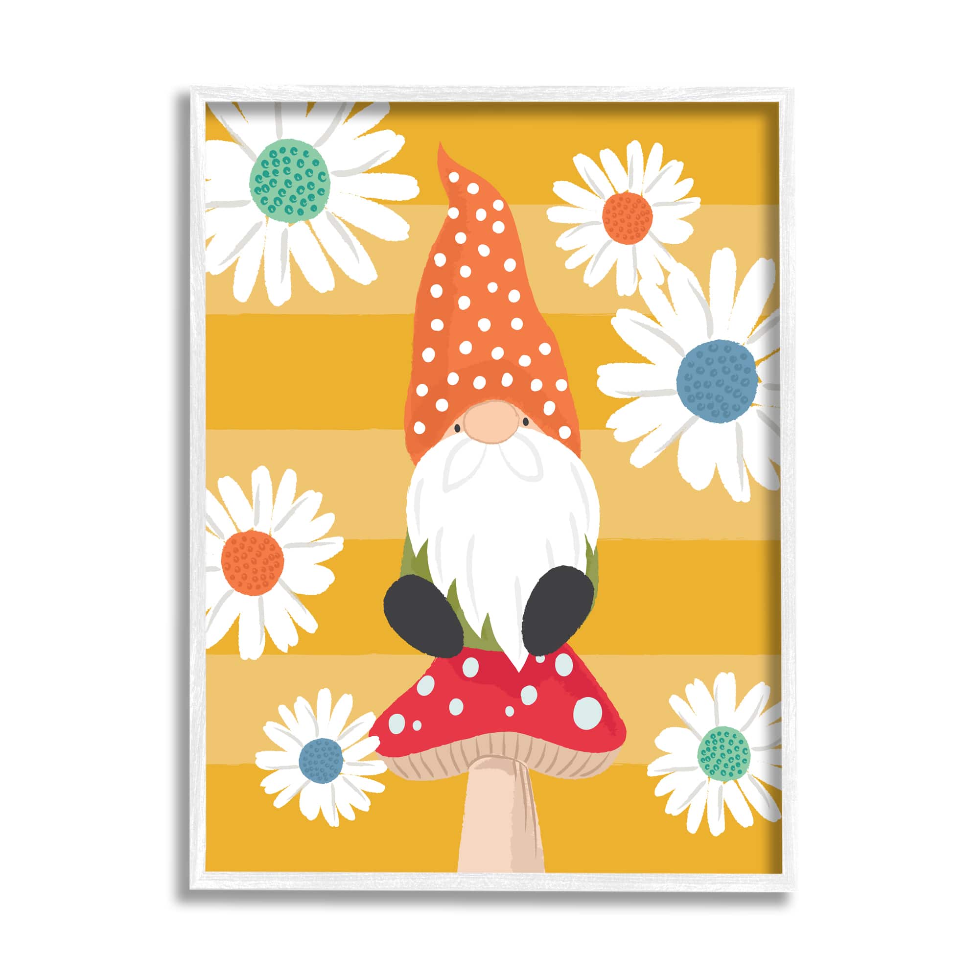 Stupell Industries Mushroom Garden Gnome White Daisies Yellow Stripes in White Frame Wall Art