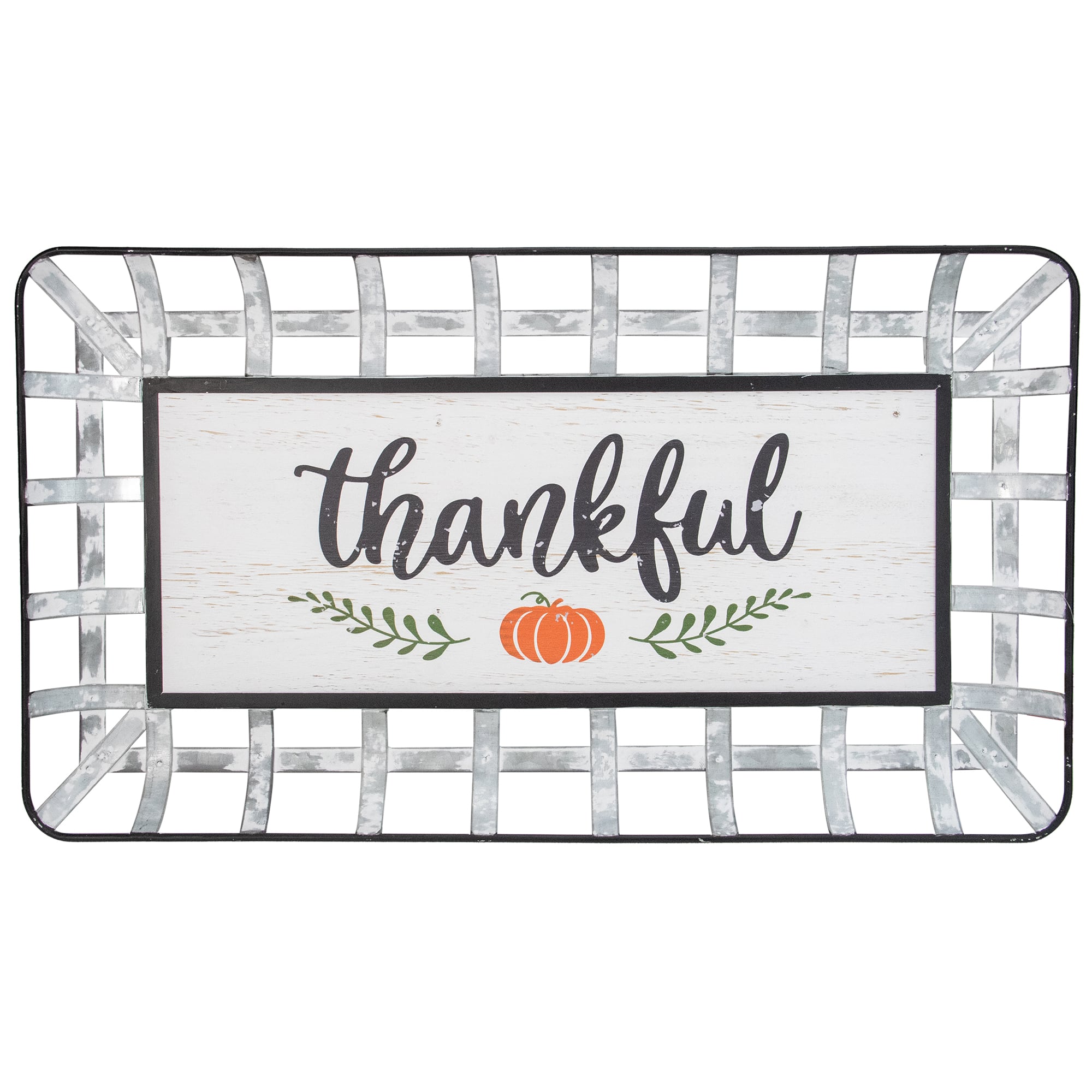 24&#x22; Silver &#x26; White Pumpkin Thankful Rectangular Wall D&#xE9;cor