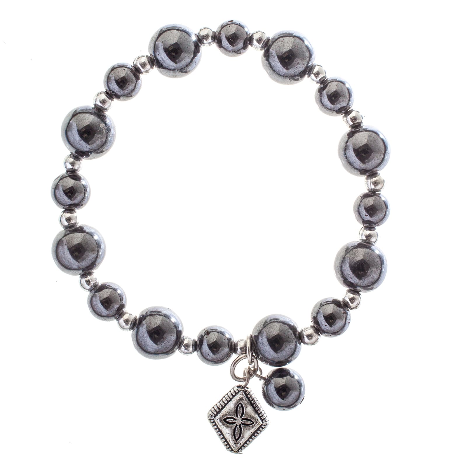 John Bead Hematite Gray Natural Stone Bracelet with Rhombus Charm
