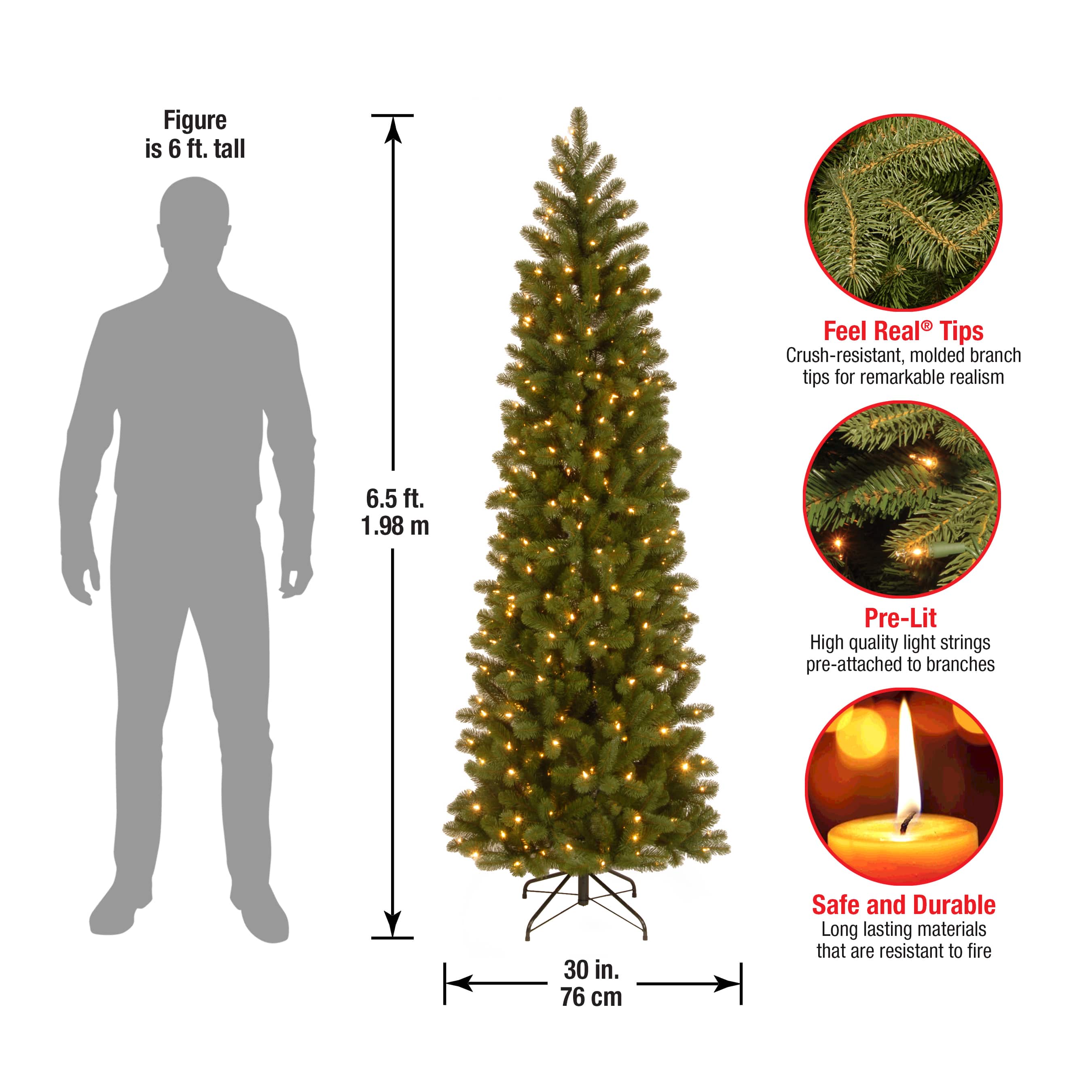 6.5 Ft. Pre-Lit Feel Real® Downswept Douglas Fir Pencil Slim Artificial Christmas Tree, Clear Lights