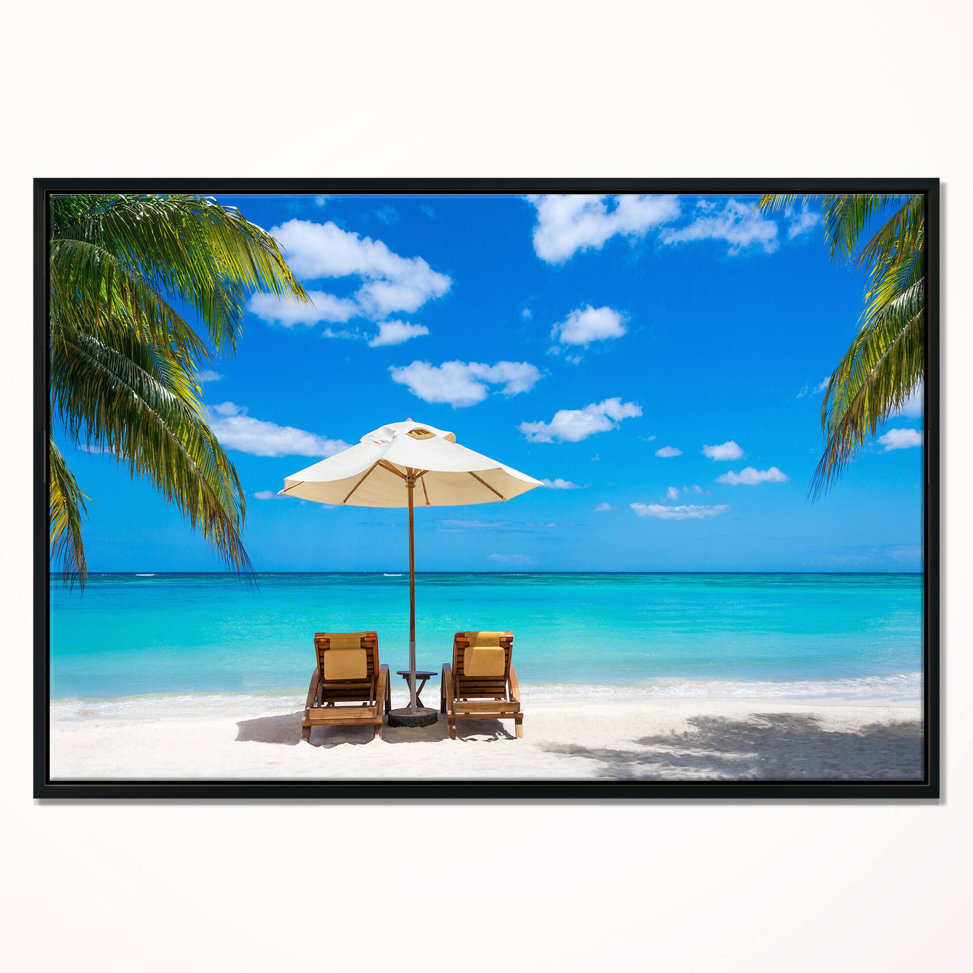 Designart - Turquoise Beach with Chairs - Seashore Photo Framed Canvas Print
