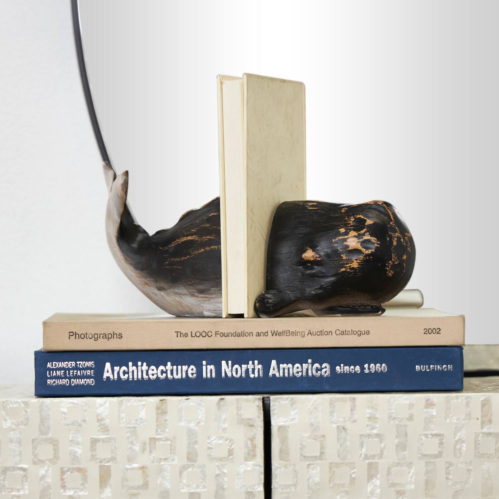 Distressed Black Whale Coastal Bookend Set