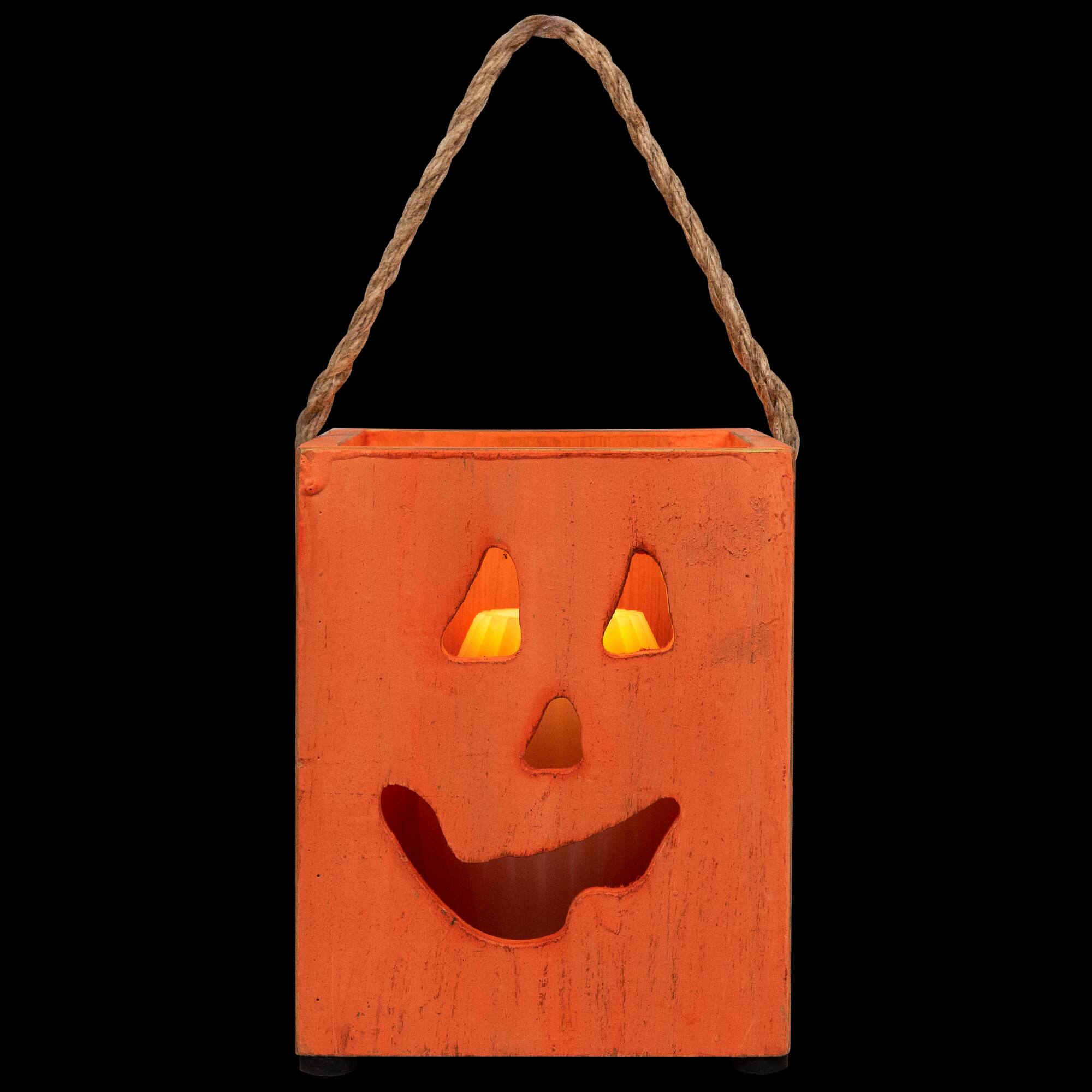 6" Orange Wood Jack-O-Lantern Halloween Candle Lantern