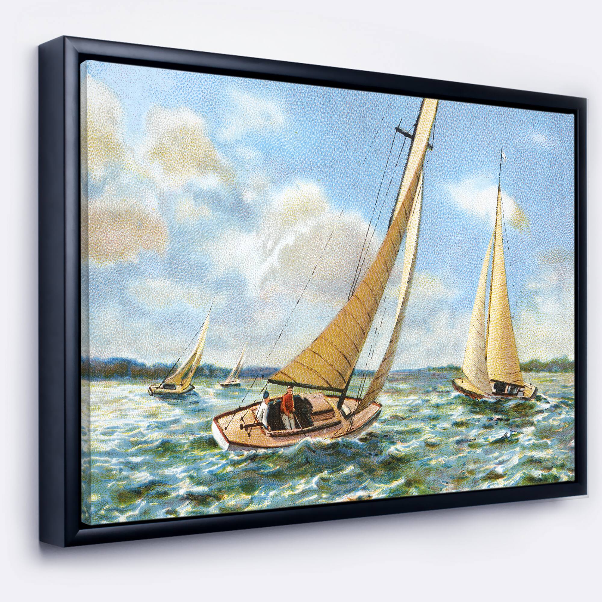 Designart - Vintage Boats Sailing - Seascape Painting Canvas Art Print in Black Frame