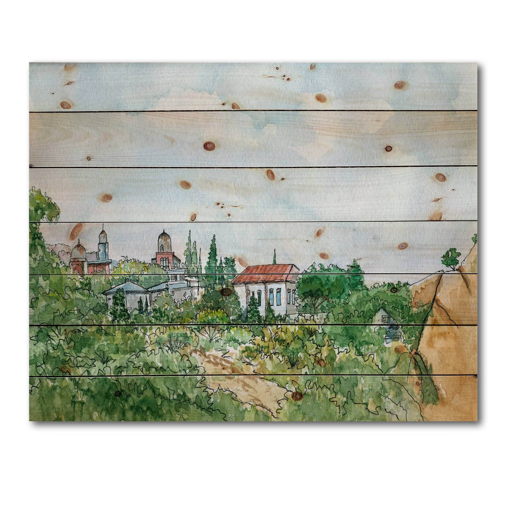 Designart - White House With Red Roof In The Countryside - Traditional Print on Natural Pine Wood