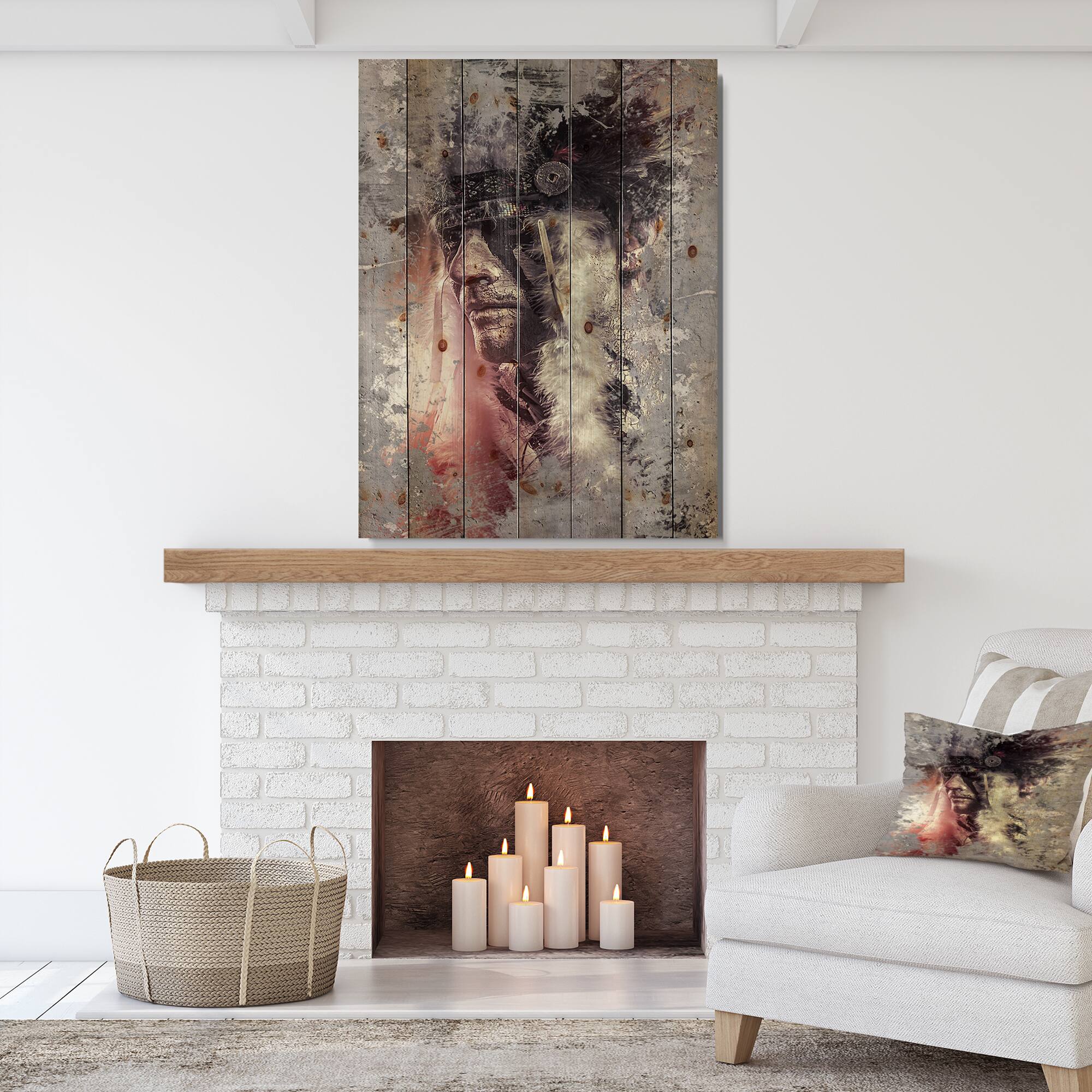 Designart - Native American Indian Warrior - Abstract Portrait Print on Natural Pine Wood