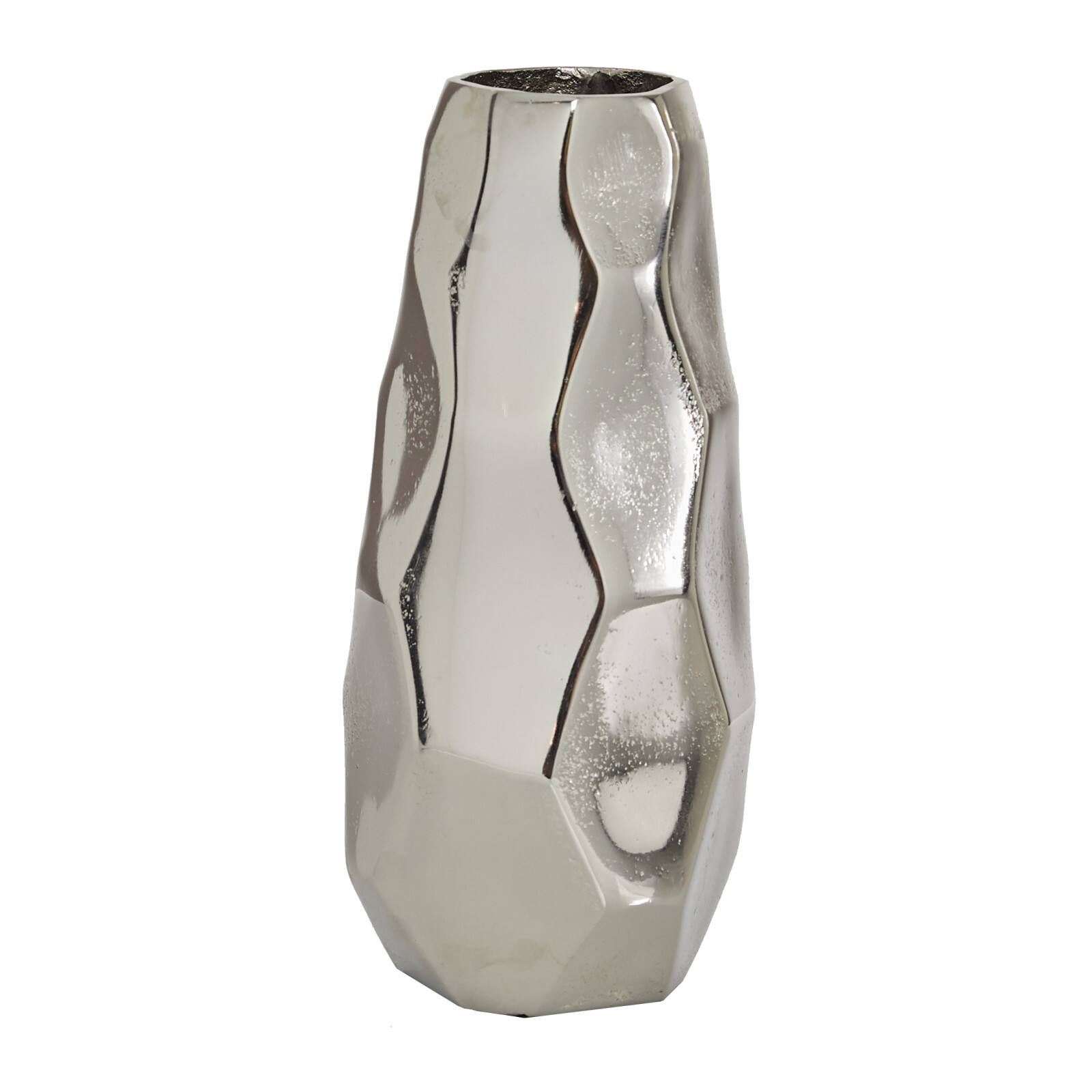 Contemporary Geometric-Style Metallic Silver Aluminum Vase, 12&#x22; x 5.7&#x22; x 5.4&#x22;