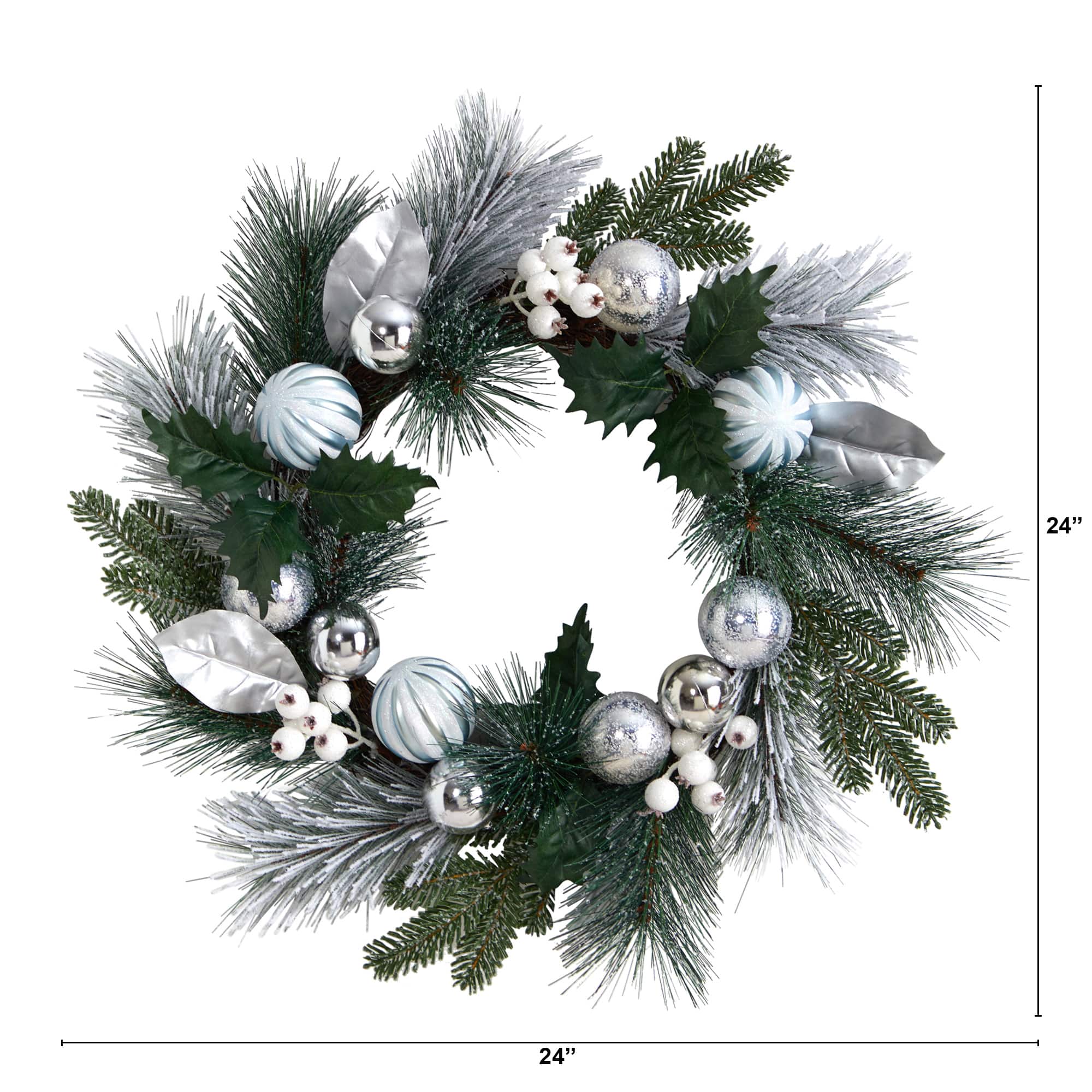 24" Pinecones & Berries Christmas Wreath with Silver Ornaments