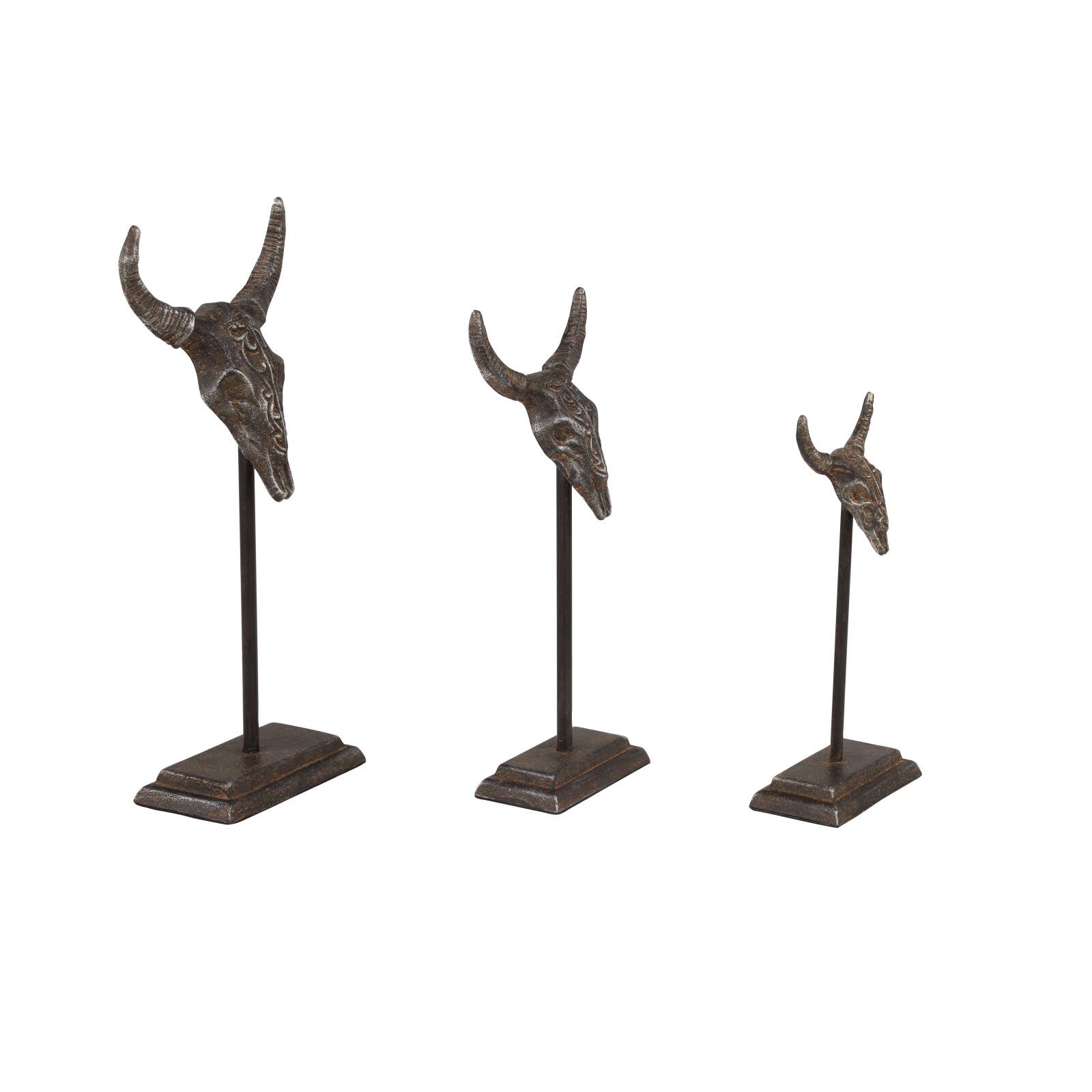 Set of 3 Grey Metal Eclectic Bull Sculpture, 15&#x22;, 12&#x22;, 10&#x22;