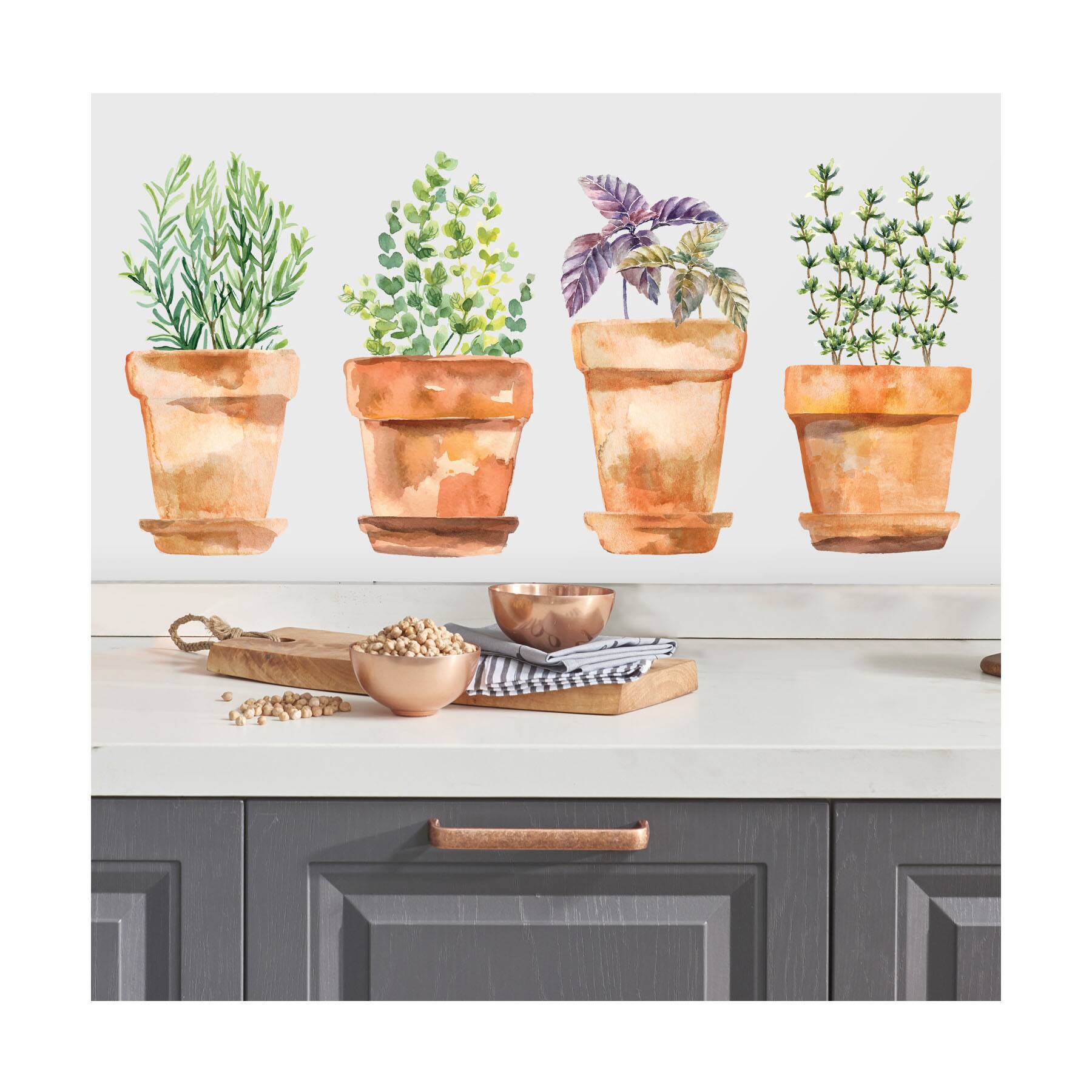 RoomMates Brown & Green Watercolor Potted Herbs Wall Decals