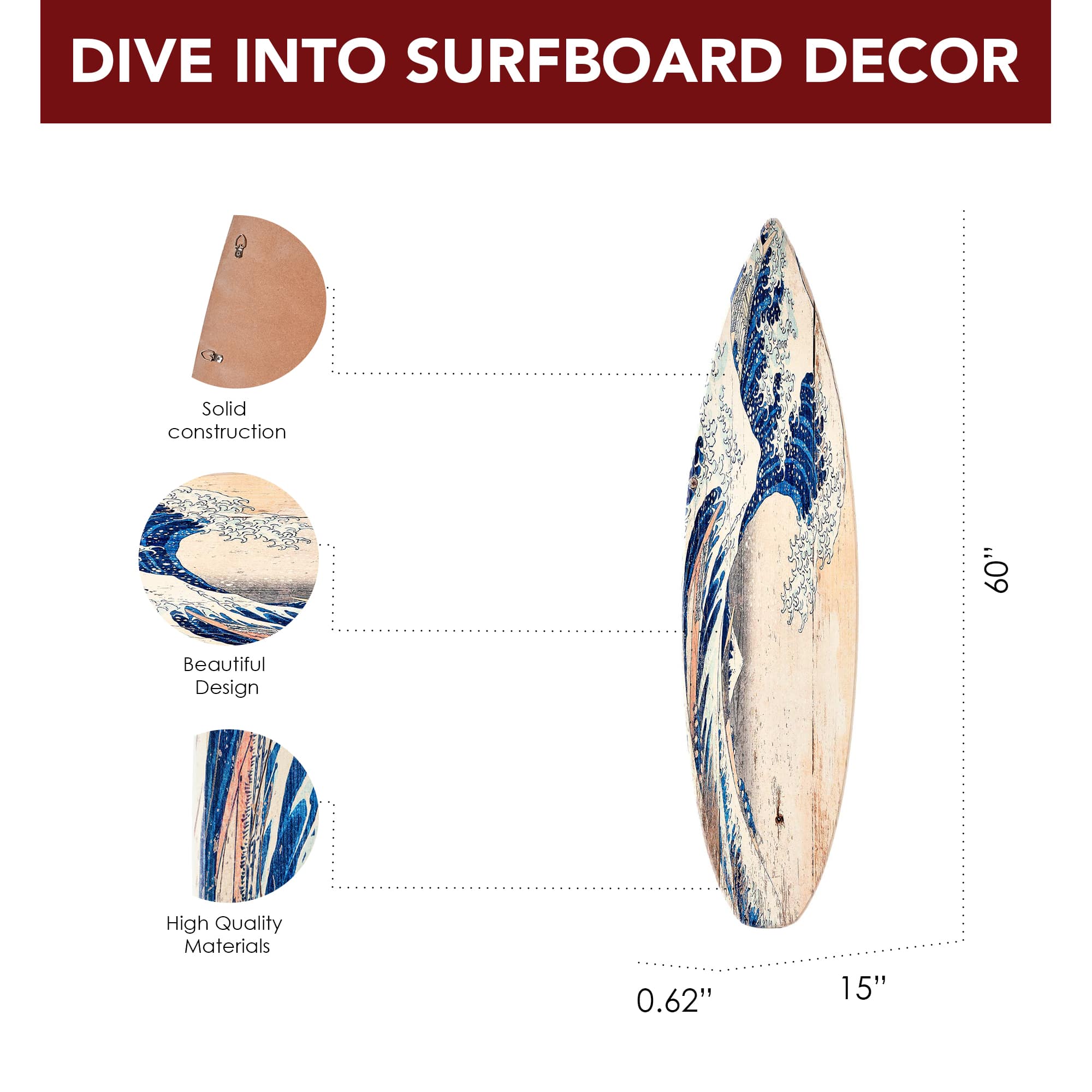 The Great Wave off Kanagawa Wood Surfboard Plaque Wall Sign - 60&#x22;x15&#x22;