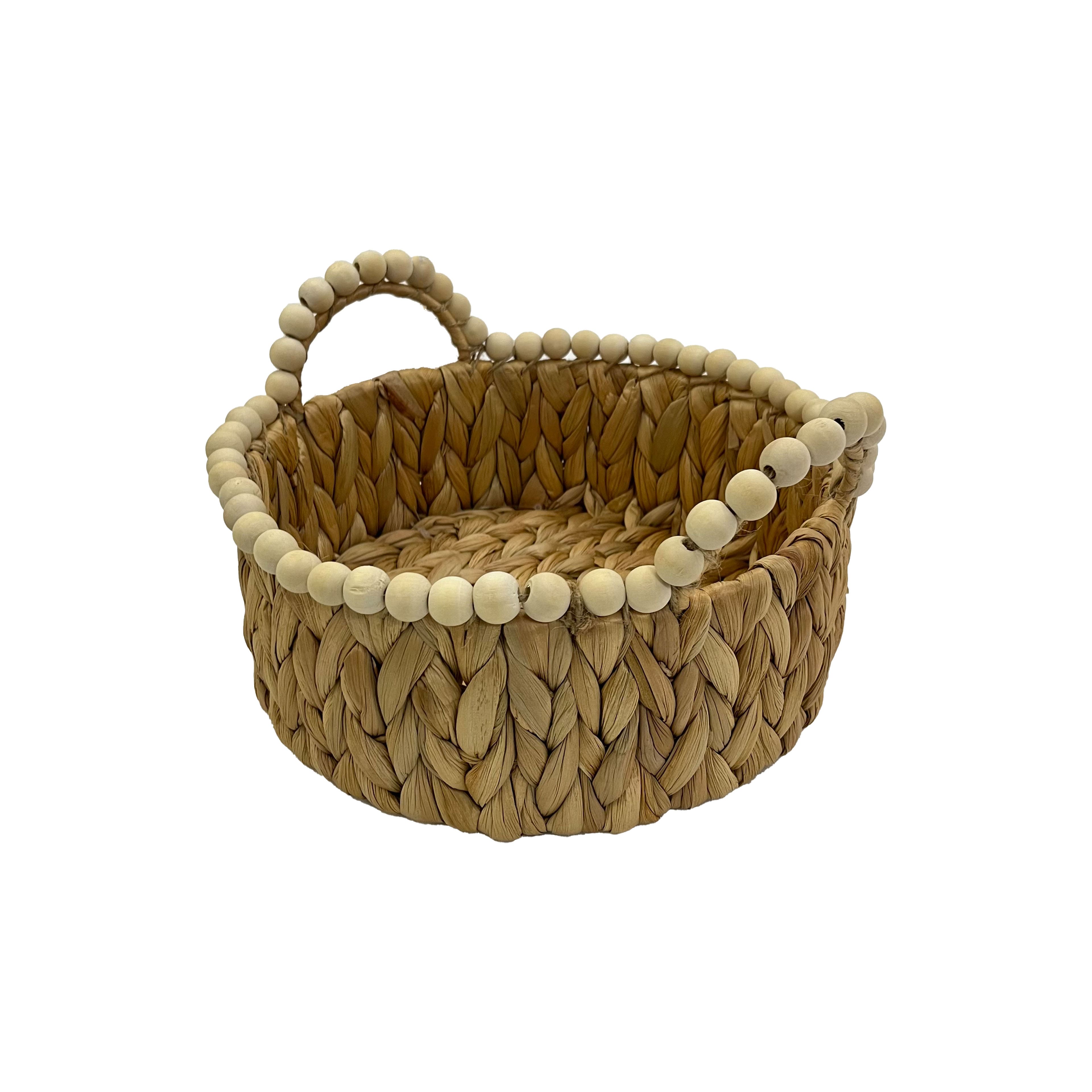 Small Round Water Hyacinth Woven Basket with Wood Beads by Ashland&#xAE;
