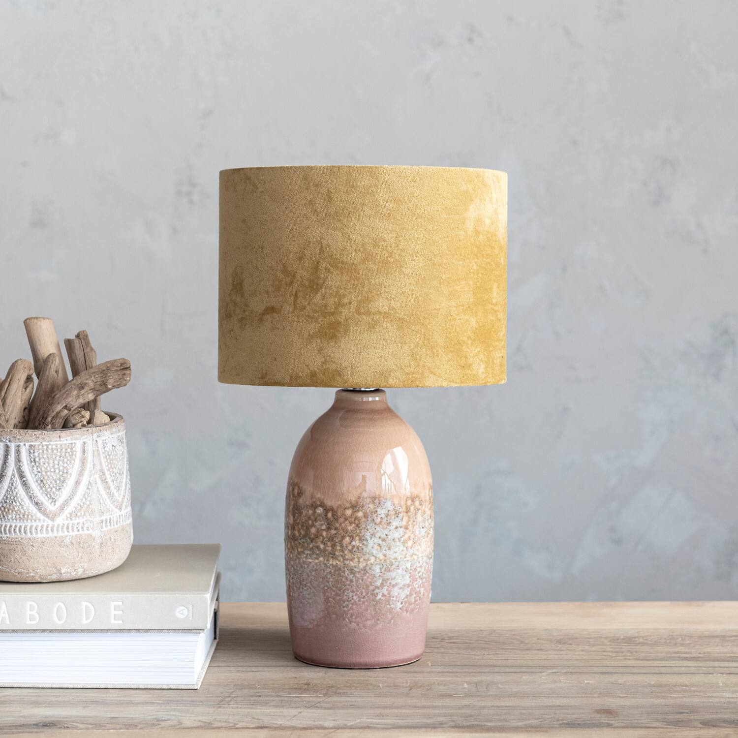 Hello Honey® 16.5" Pink Reactive Glaze Round Stoneware Table Lamp with Mustard Velvet Shade