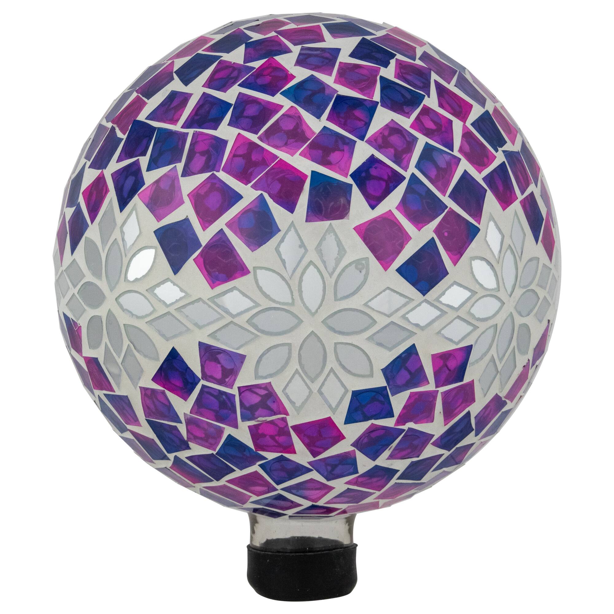 10&#x22; Purple, Pink &#x26; Silver Mosaic Floral Outdoor Garden Gazing Ball