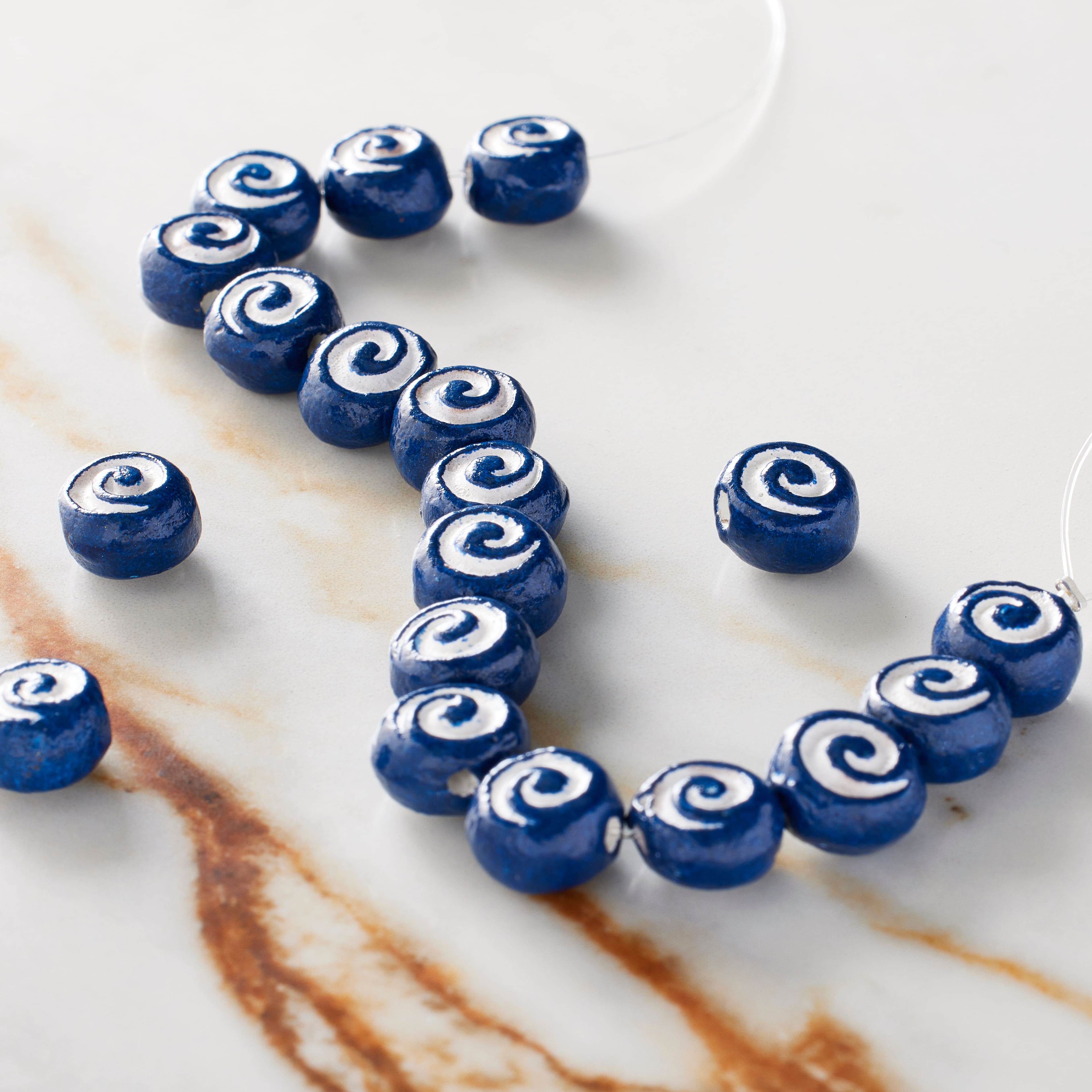 Blue &#x26; White Swirl Clay Rondelle Beads by Bead Landing&#xAE;