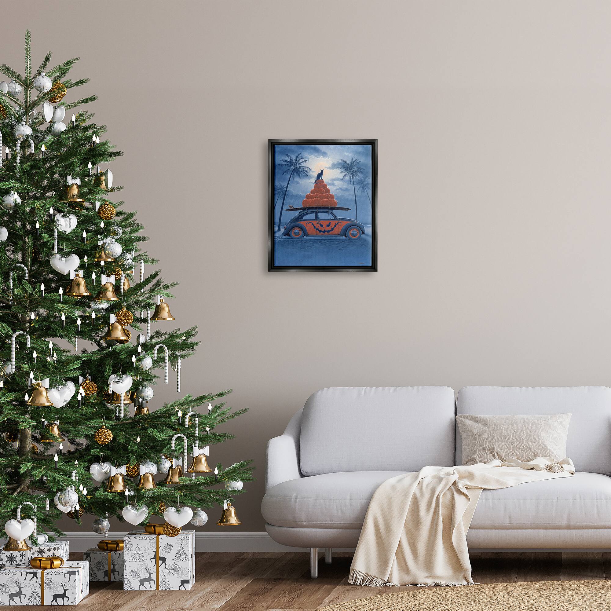 Stupell Industries Spooky Tropical Beach Pumpkin Car Framed Floater Canvas Wall Art